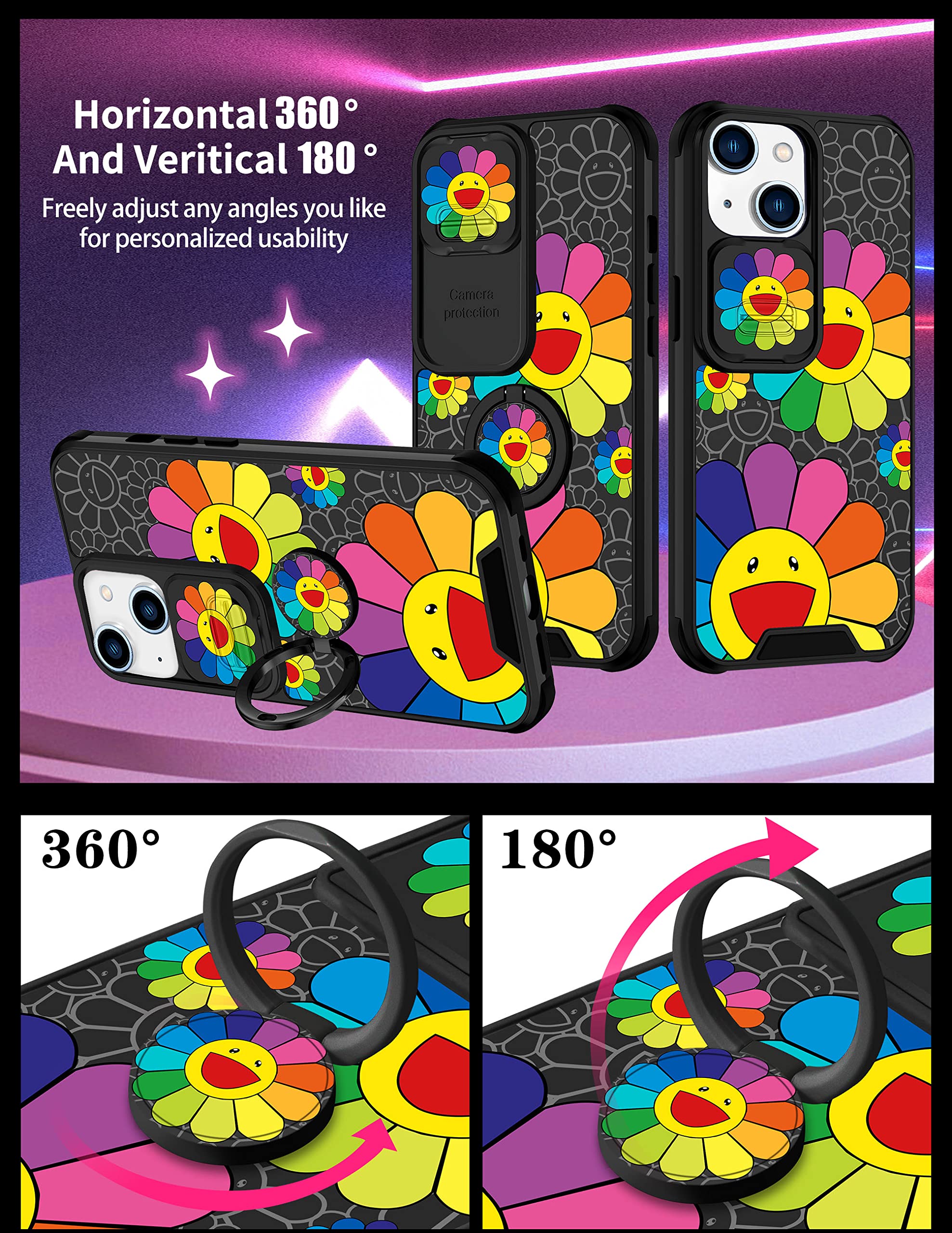 Goocrux (2In1 For Iphone 13 Case Smile Face Flower For Women Girls Pretty Girly Phone Cover Cute Floral Design With Slide Camera