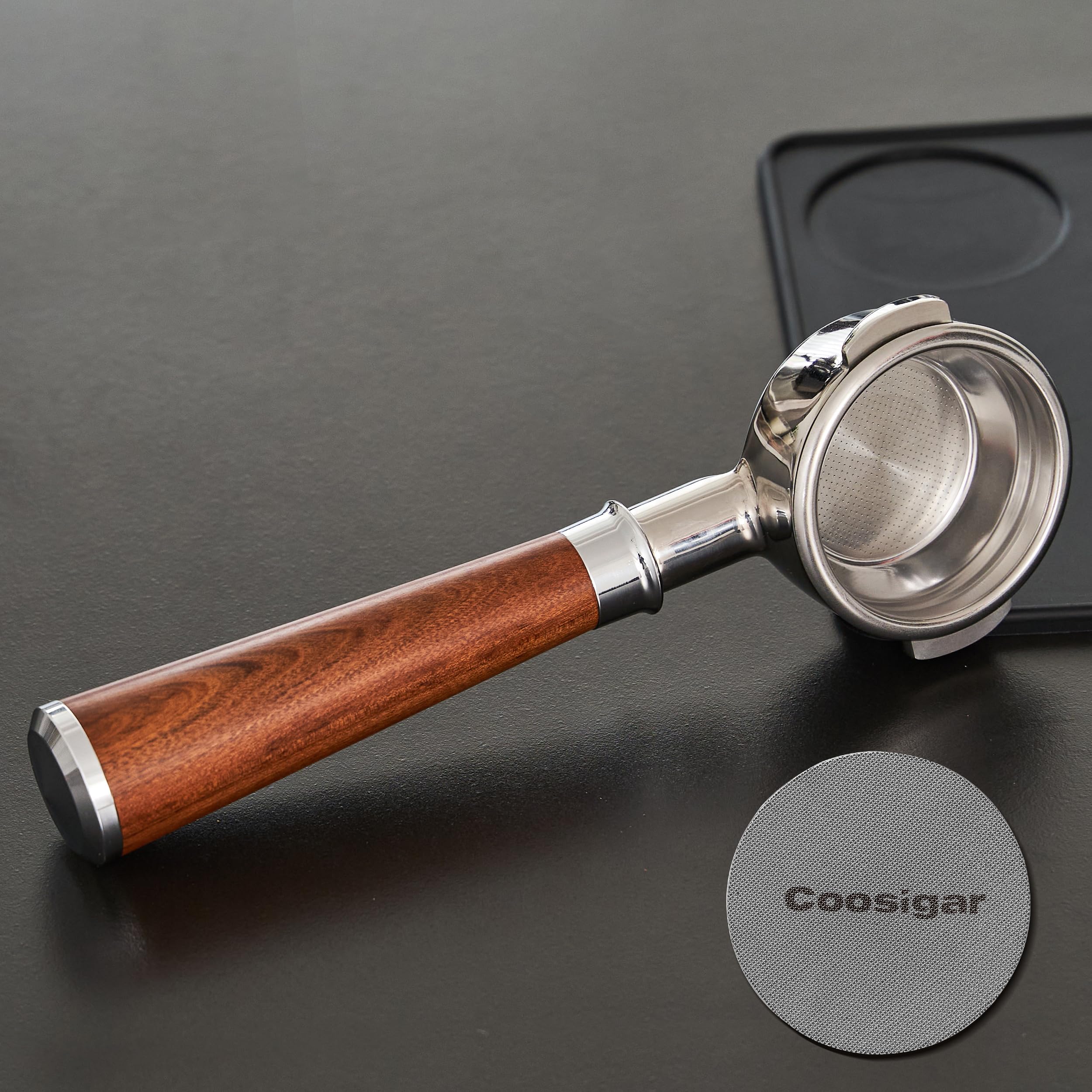 Coosigar 58Mm Bottomless Portafilter | Fits For E61 Group Head 2 Ears Machines| Stainless Steel Portafilter And Mahogany Handle|