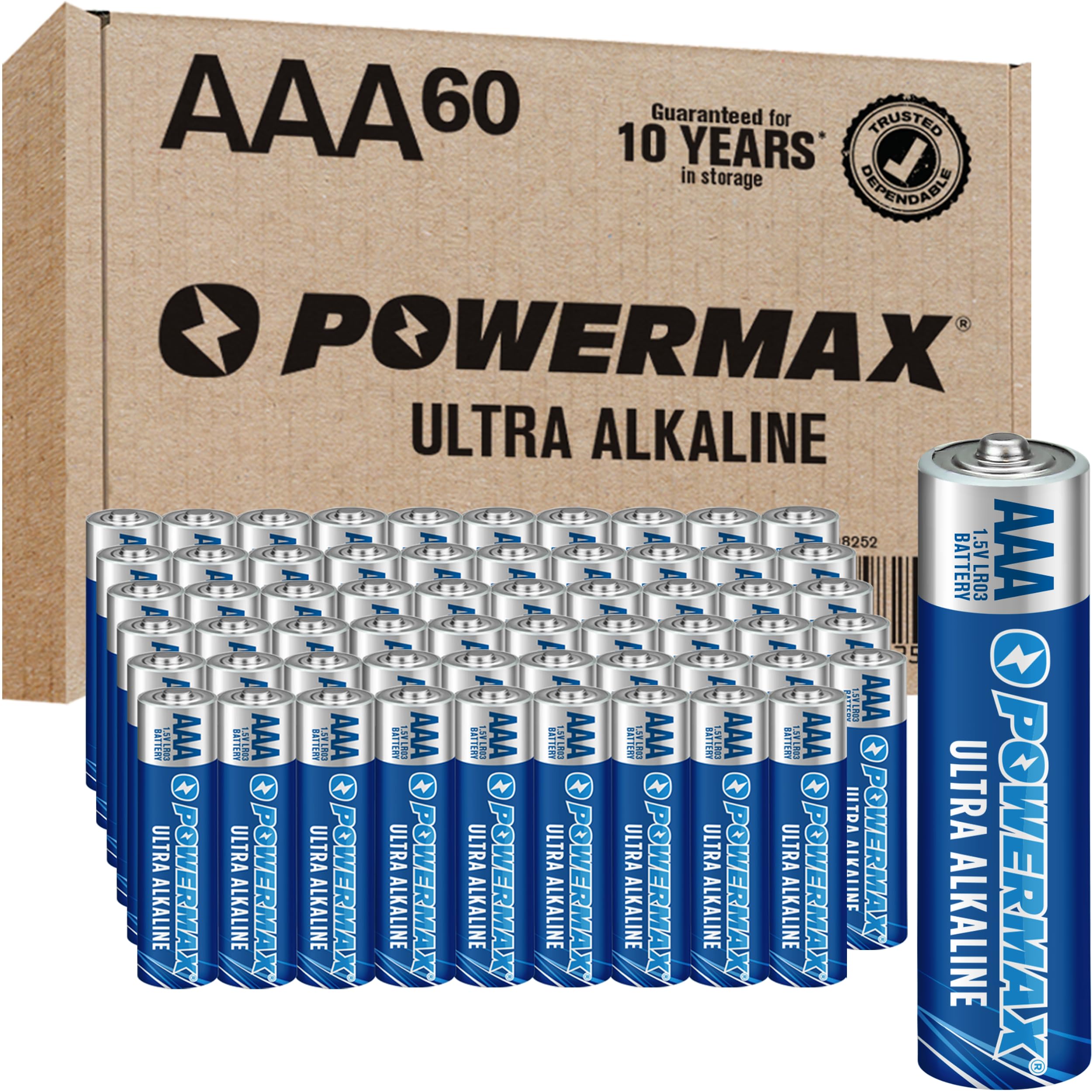 Powermax 60 Count Triple Aaa Batteries, Ultra Long Lasting Alkaline Battery, 10 Year Shelf Life, Reclosable Packaging