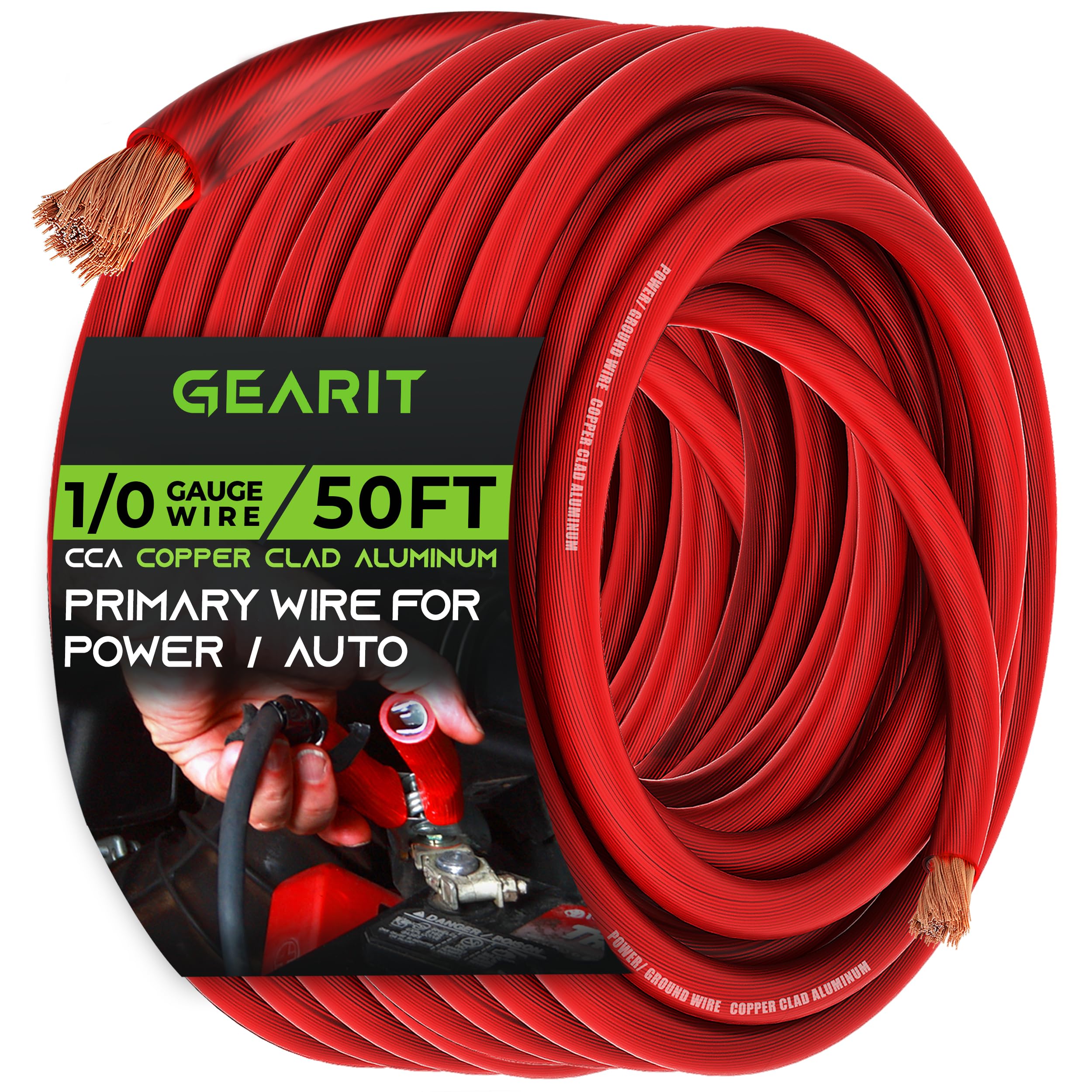 Gearit 1/0 Gauge Wire (50Ft   Red Translucent) Copper Clad Aluminum Cca   Primary Automotive Wire Power/Ground, Battery Cable, C