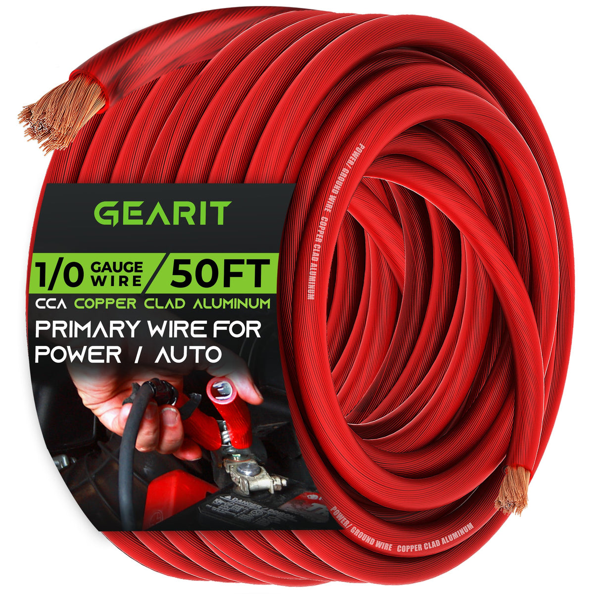 Gearit 1/0 Gauge Wire (50Ft   Red Translucent) Copper Clad Aluminum Cca   Primary Automotive Wire Power/Ground, Battery Cable, C