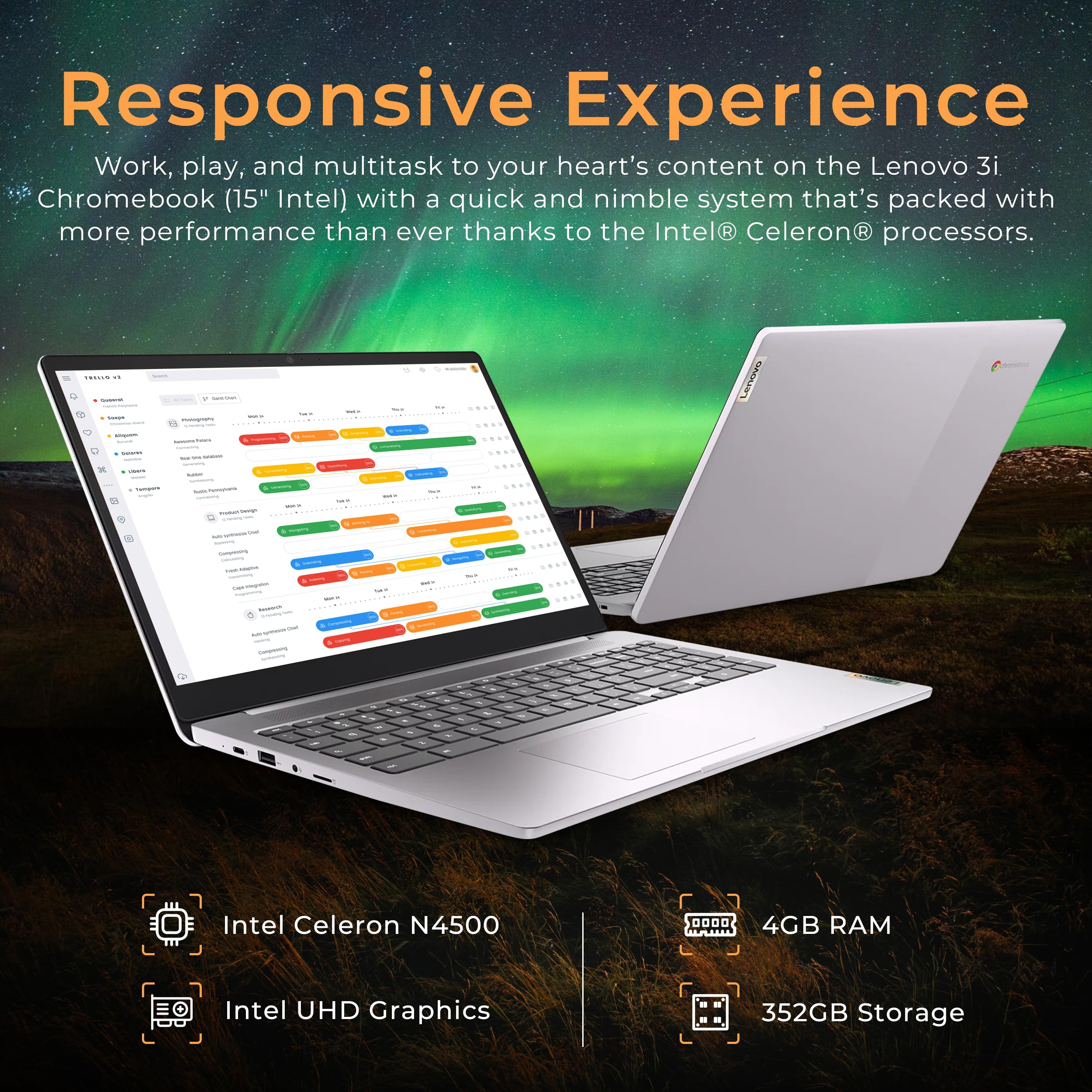 Lenovo Ideapad 3 15.6'' Fhd Anti Glare Chromebook, Intel Celeron N4500, 4Gb Lpddr4 Ram, 352Gb Storage (64Gb Ssd + 288Gb Docking