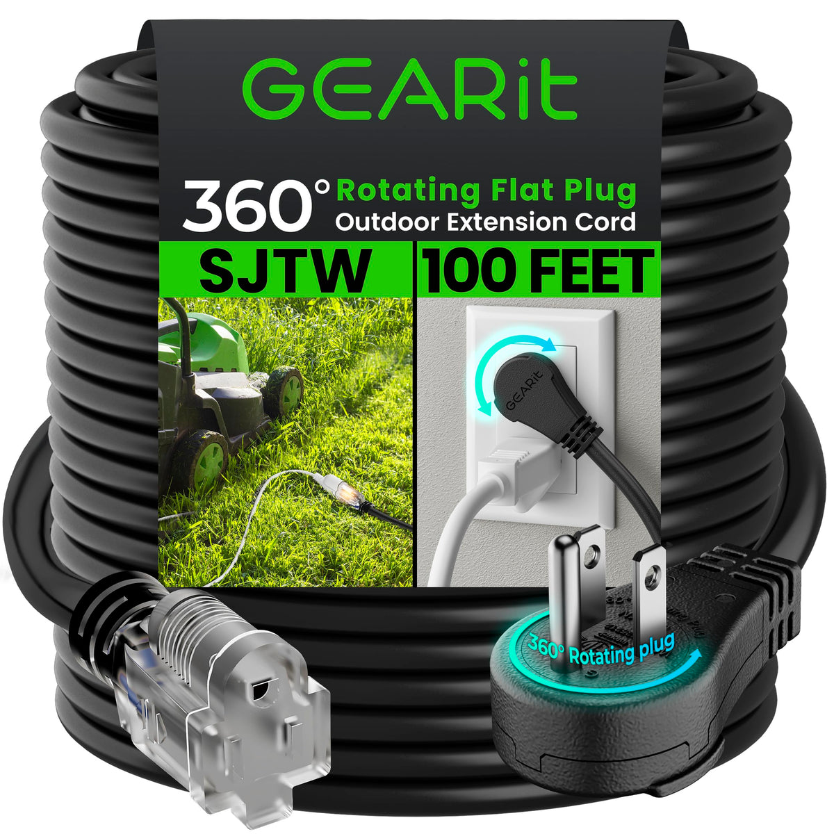 Gearit 360 Rotating Plug Indoor Outdoor Extension Cord Waterproof 100Ft   16 Gauge 16/3 Awg, 13A 1625W, 3 Prong Heavy Duty Exten
