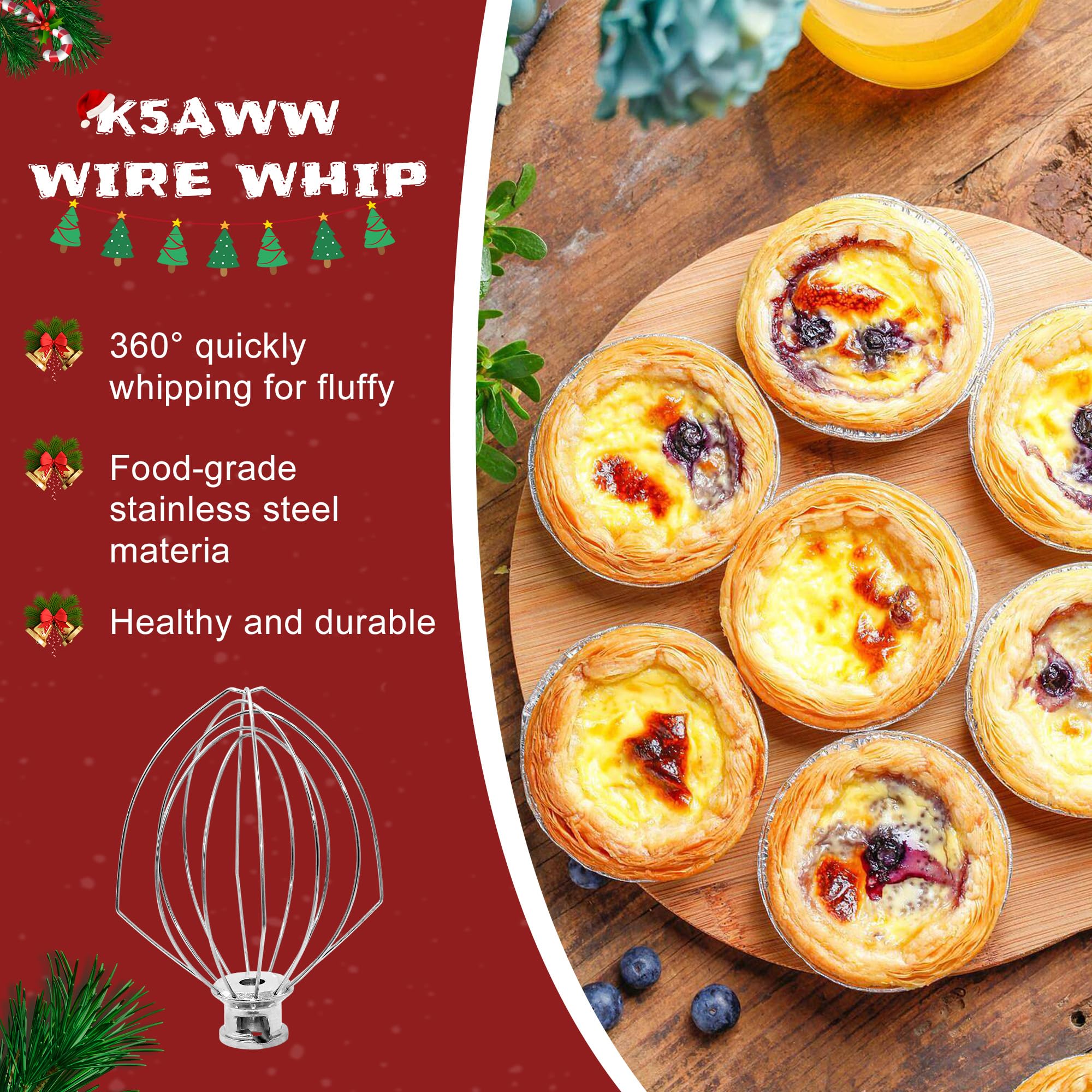 Kithnen Aid Accessories Including K5Adh Coated C Dough Hook&K5Ab Coated Flat Beater&K5Aww Wire Whip 3 Set Compatible For 5 Qt Ti