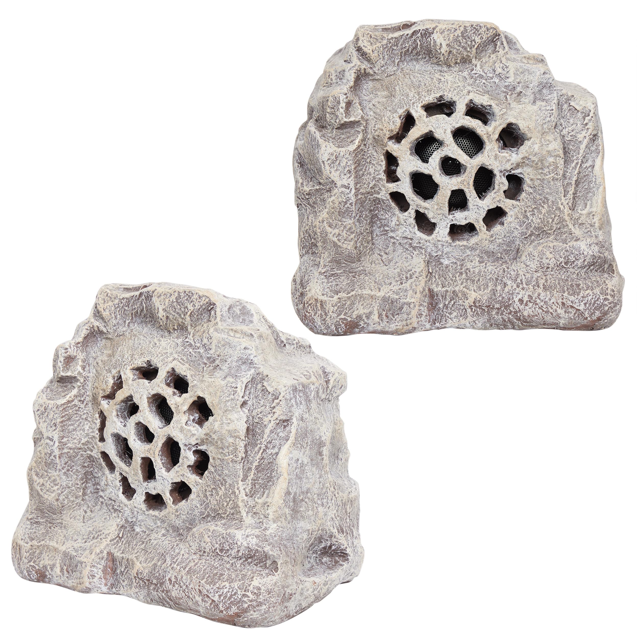 Alpine Corporation 11 Weather-Resistant Solar Bluetooth Outdoor Speakers, Wireless Rock Look Finish 50-Foot Range Audio, Set of