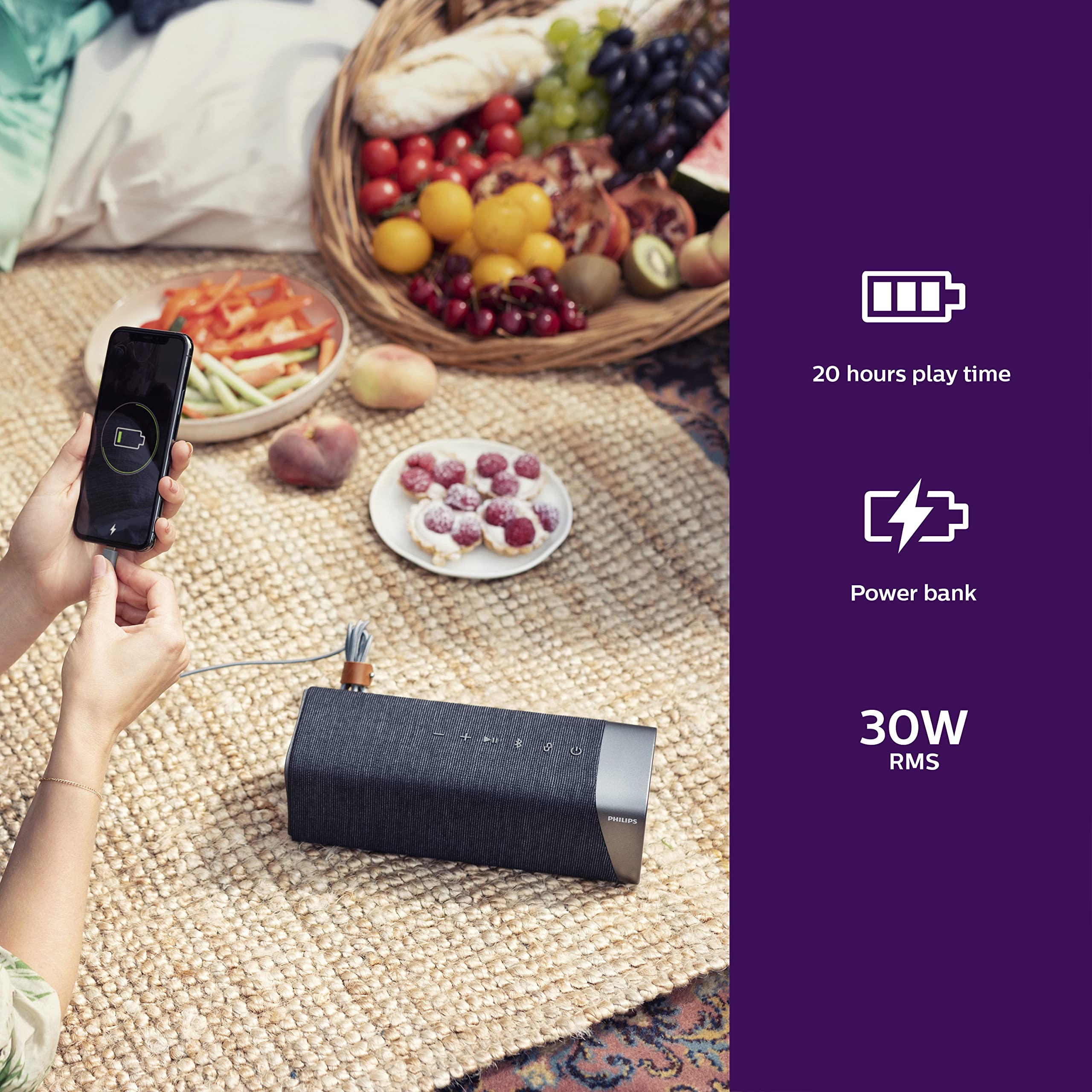 Philips S7505 Wireless Bluetooth Speaker With Built In Power Bank, Large Bold Sound, Up To 20 Hours Playtime, Ipx7 Waterproof, S