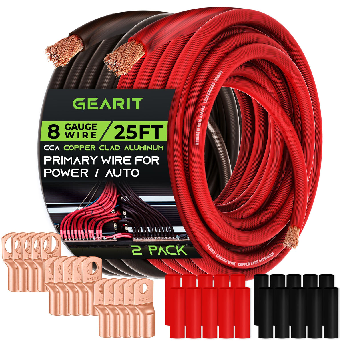 Gearit, 8 Gauge Wire, 15 Lugs, 20 Heat Shrink Wrap, For Automotive, Battery Cable, Amp Kit, Amp, Cca Wire, Wire, Amp Kit, Batter
