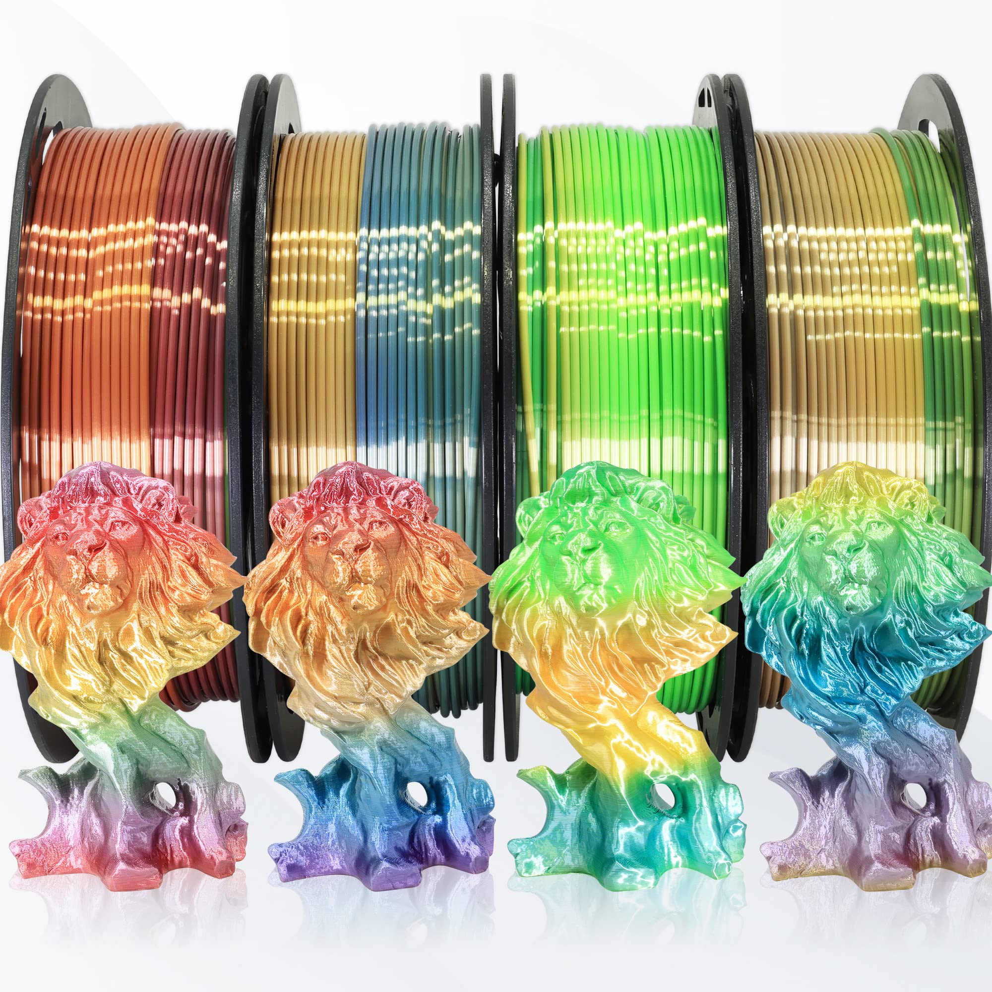 1.75mm Silk Shiny 4 Types Rainbow Multi Colored Fast Color Change PLA 4 in 1 3D Printer Filament Bundle: 4 Different Types Silk 