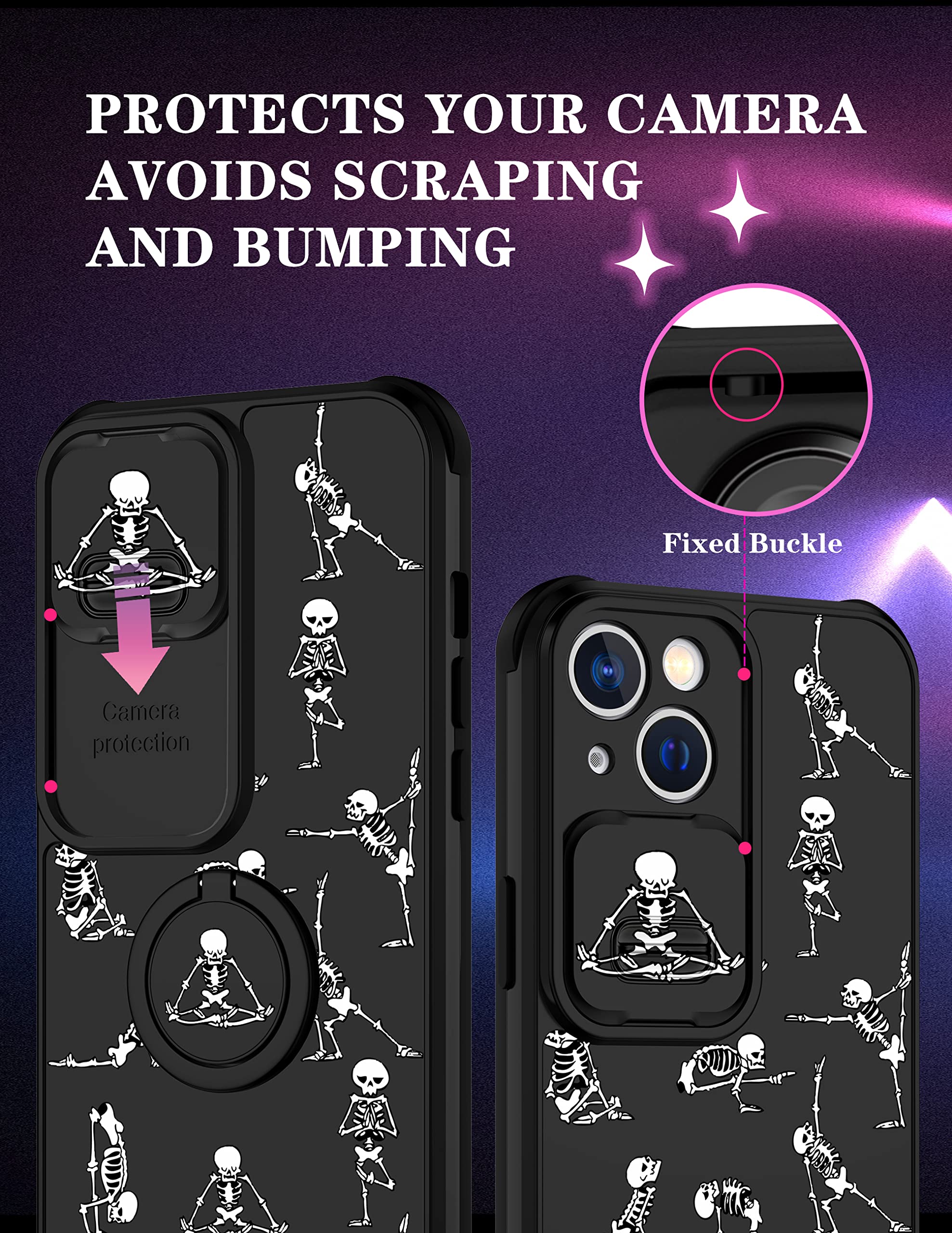 Goocrux (2In1 For Iphone 13 Case Skeleton Yoga Cute Halloween Phone Cover Funny Skull Design With Slide Camera Cover+Ring Black