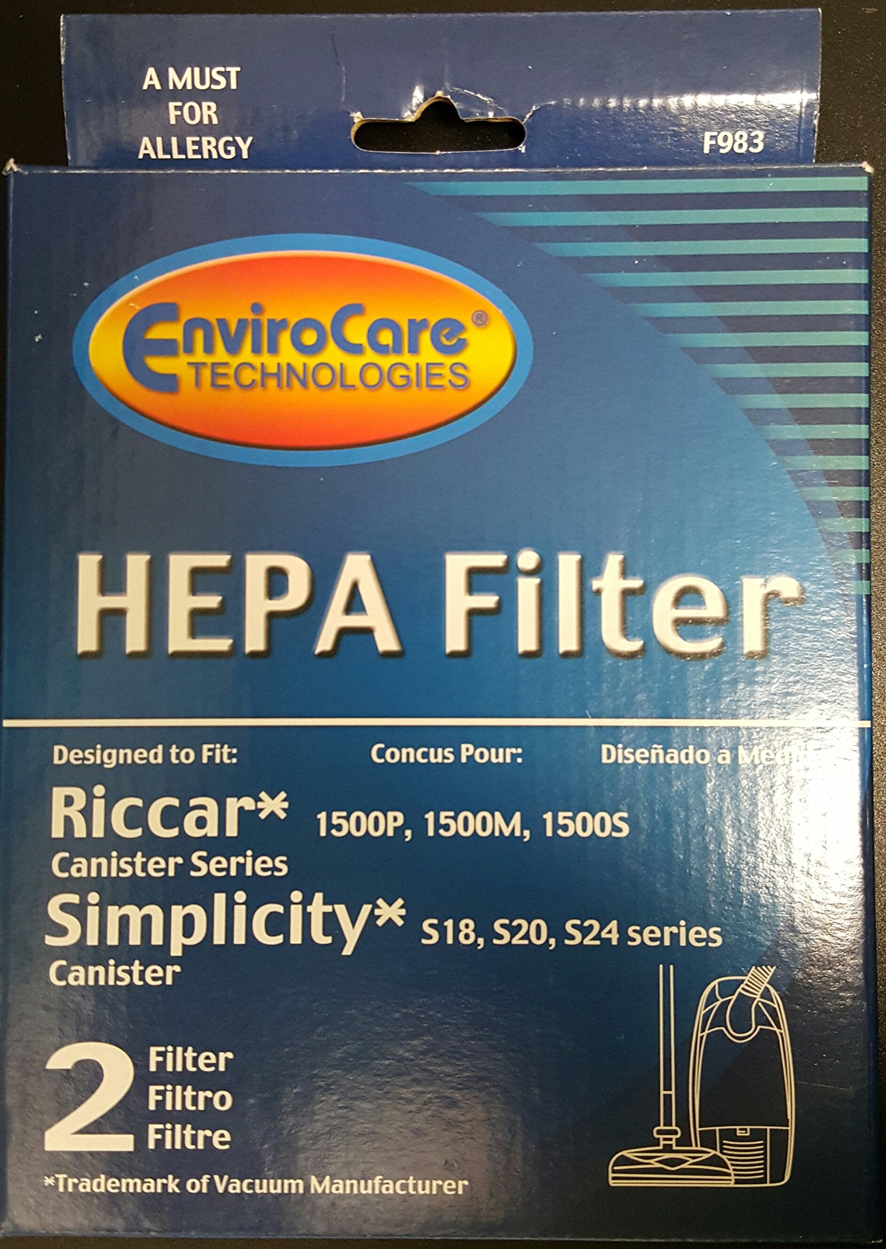 EnviroCare Replacement HEPA Vacuum Filters for Riccar: RF15, 1500P, 1500M, 1800S and Simplicity: S24, S20, S18 2 Filters