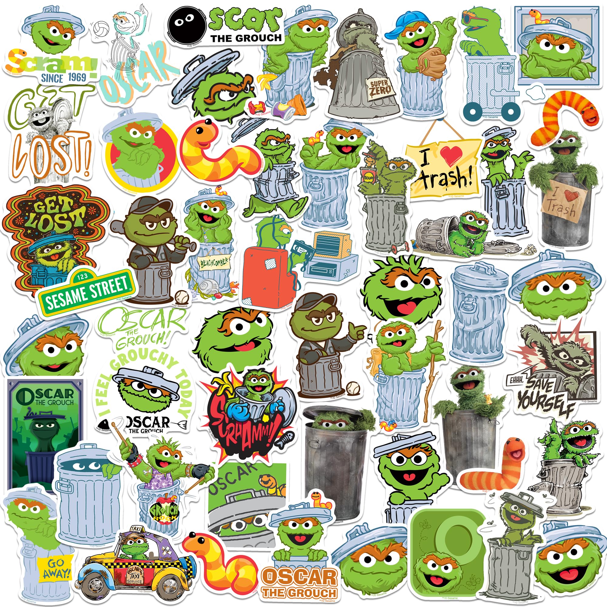 Sesame Street Oscar The Grouch 50Ct Vinyl Large Deluxe Stickers Variety Pack   Laptop, Water Bottle, Scrapbooking, Tablet, Skate