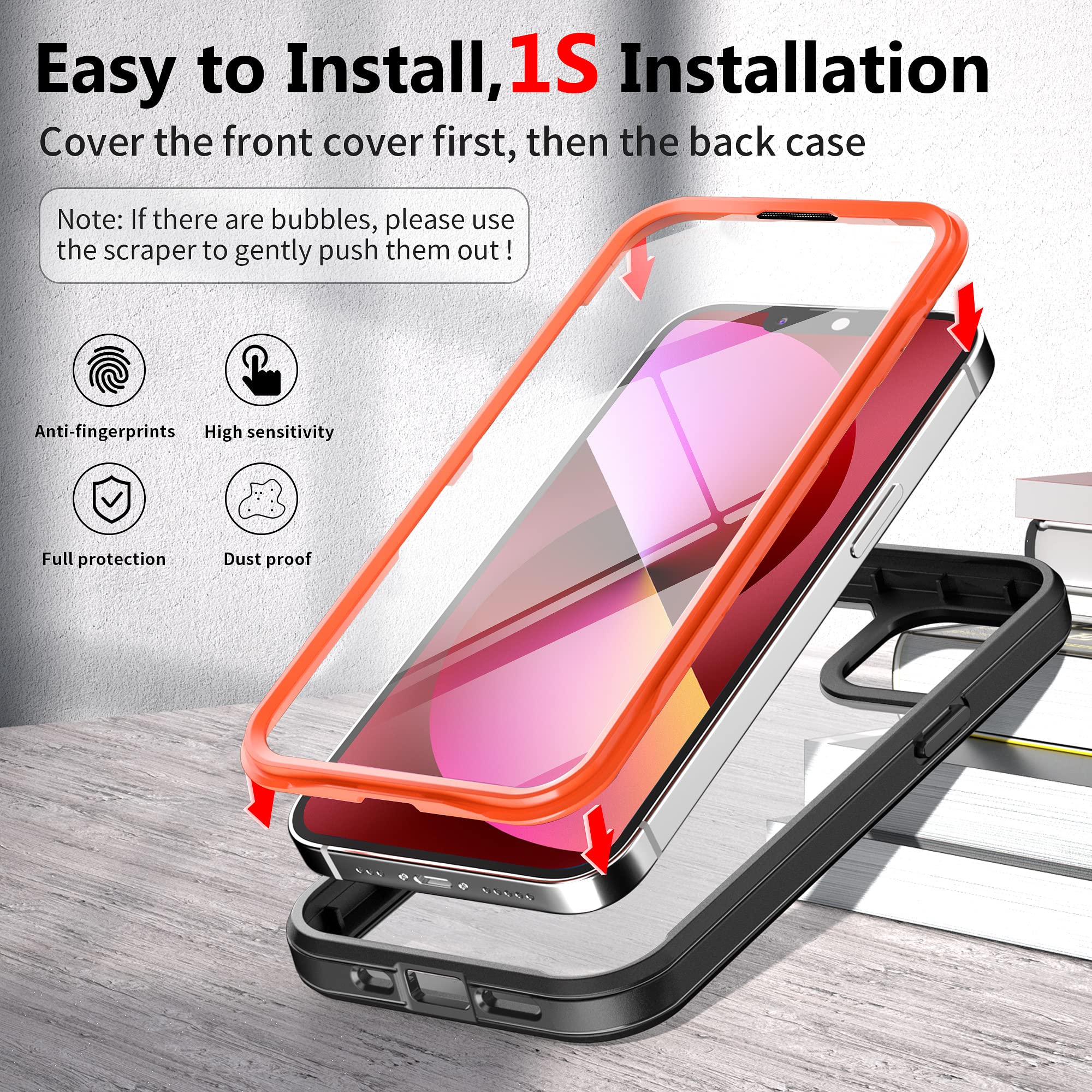 ZQE iPhone 13 6.1" All-in-One Phone Case with Built-in 9H Tempered Glass Screen & Camera Lens Protector TPU Black Orange