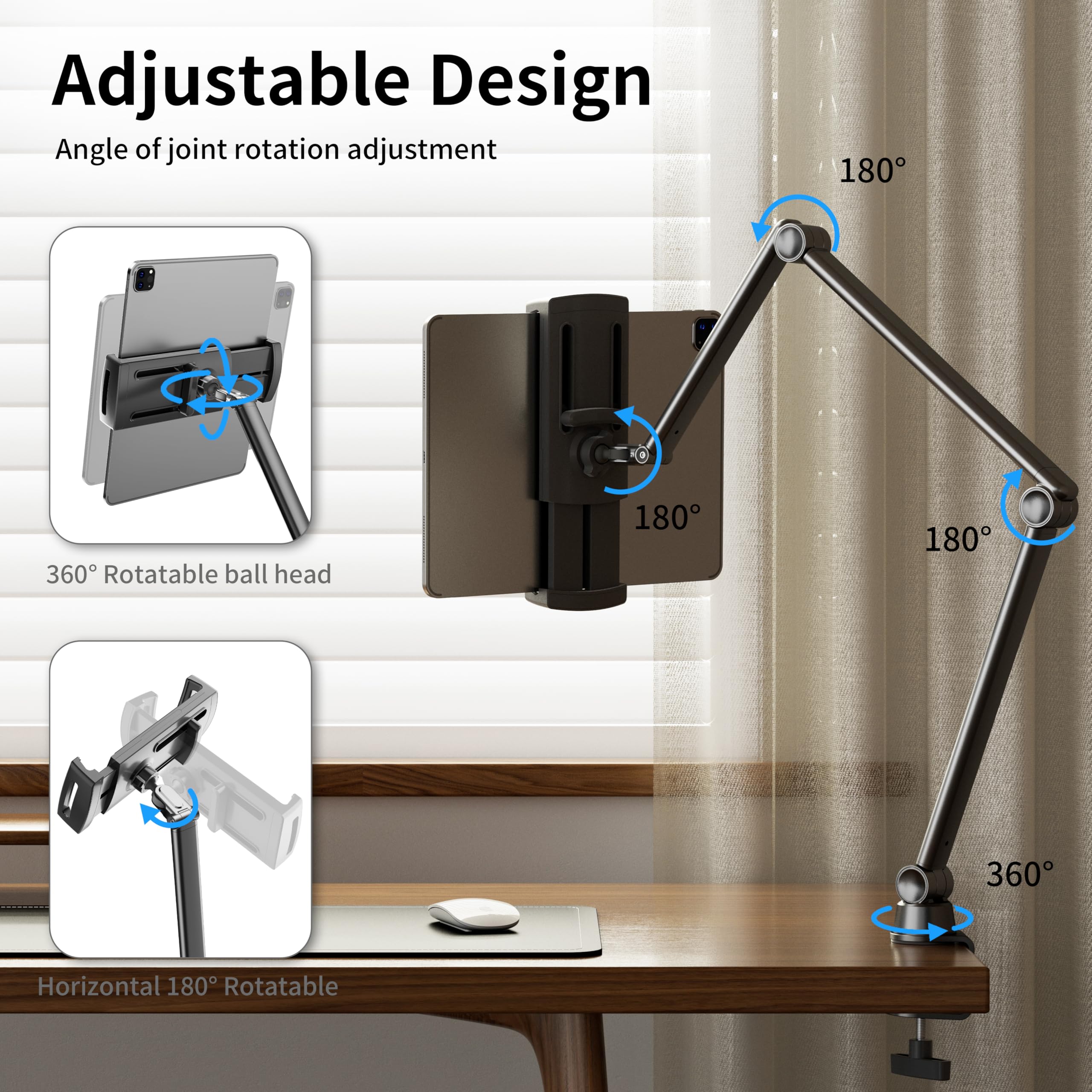 Lululook Ipad Stand For Desk, Aluminum Alloy Ipad Arm Mount, Adjustable Ipad Holder Stand For Ipad Pro 12.9/Ipad Mini Air, Samsung Galaxy, Iphone, Kindle, Portable Monitor Tablet 4.7' 13'(2 Clips)