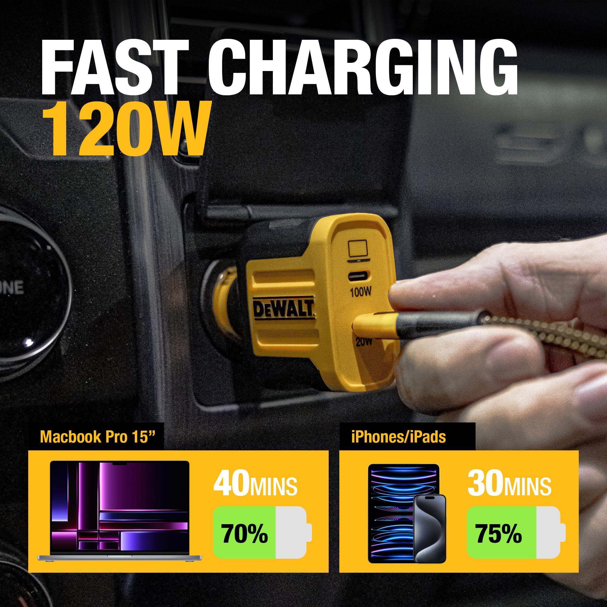Dewalt Usb C Car Charger, 120W 2-Port Pd 3.0 Type C Adapter, Pps Fast Charging With Power Delivery For Iphone 16 15 14 13 12 11