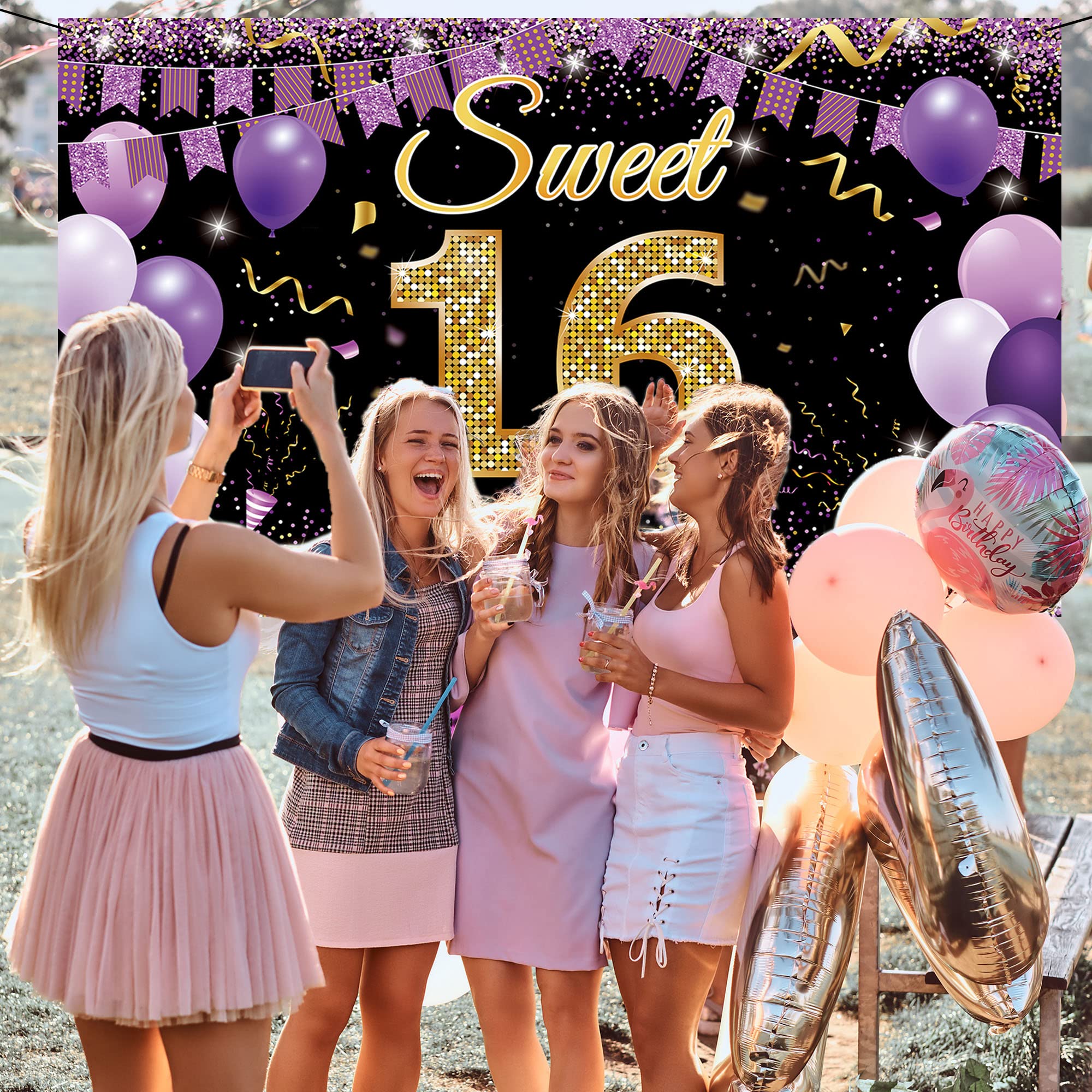 Sweet 16 Birthday Decorations Backdrop Banner, Happy 16Th Birthday Decorations For Girls, Gold Purple Sweet Sixteen Party Decora