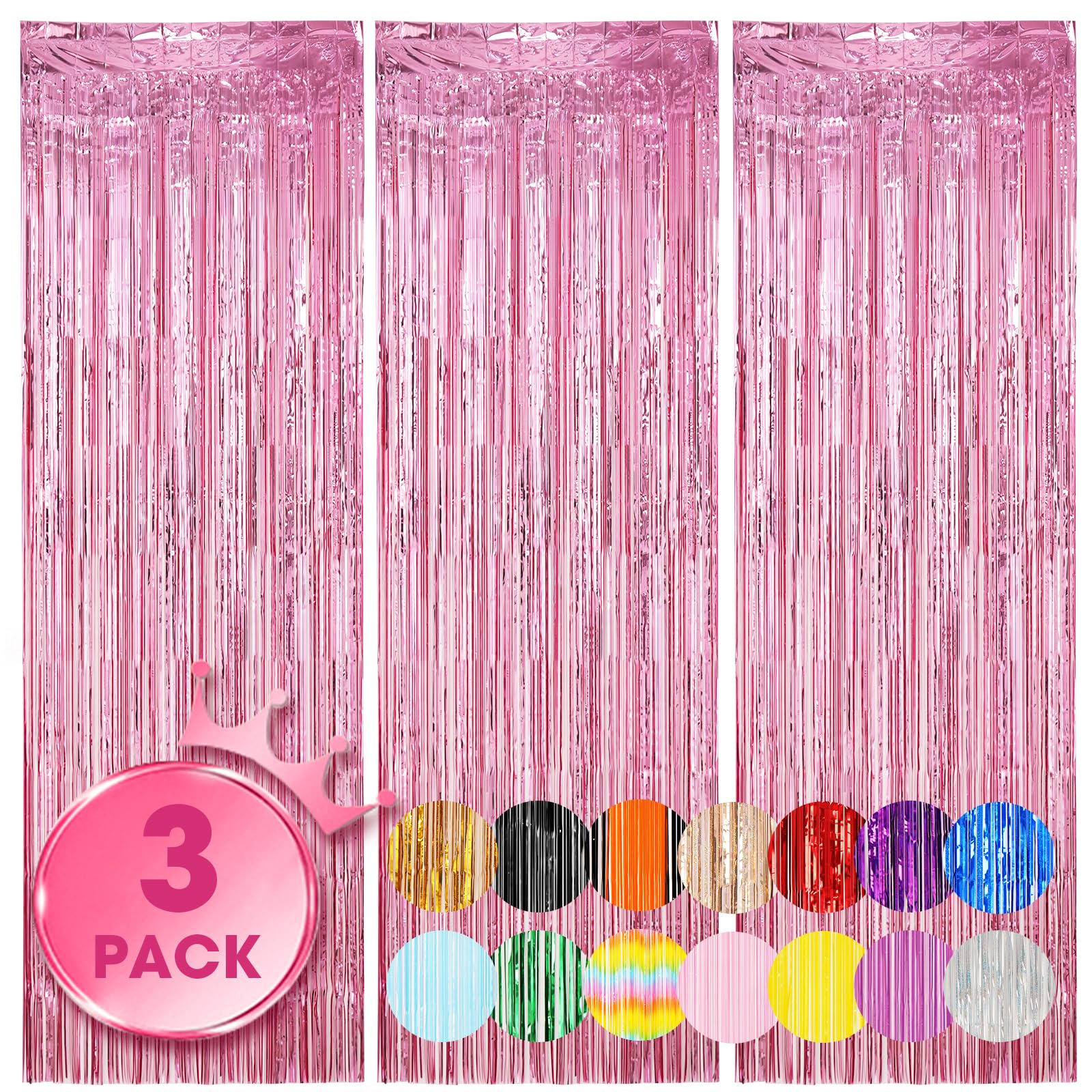 Voircoloria 3 Pack 3.3 X 8.2 Ft Light Pink Foil Fringe Backdrop Curtains, Tinsel Streamers Birthday Party Decorations, Fringe Ba