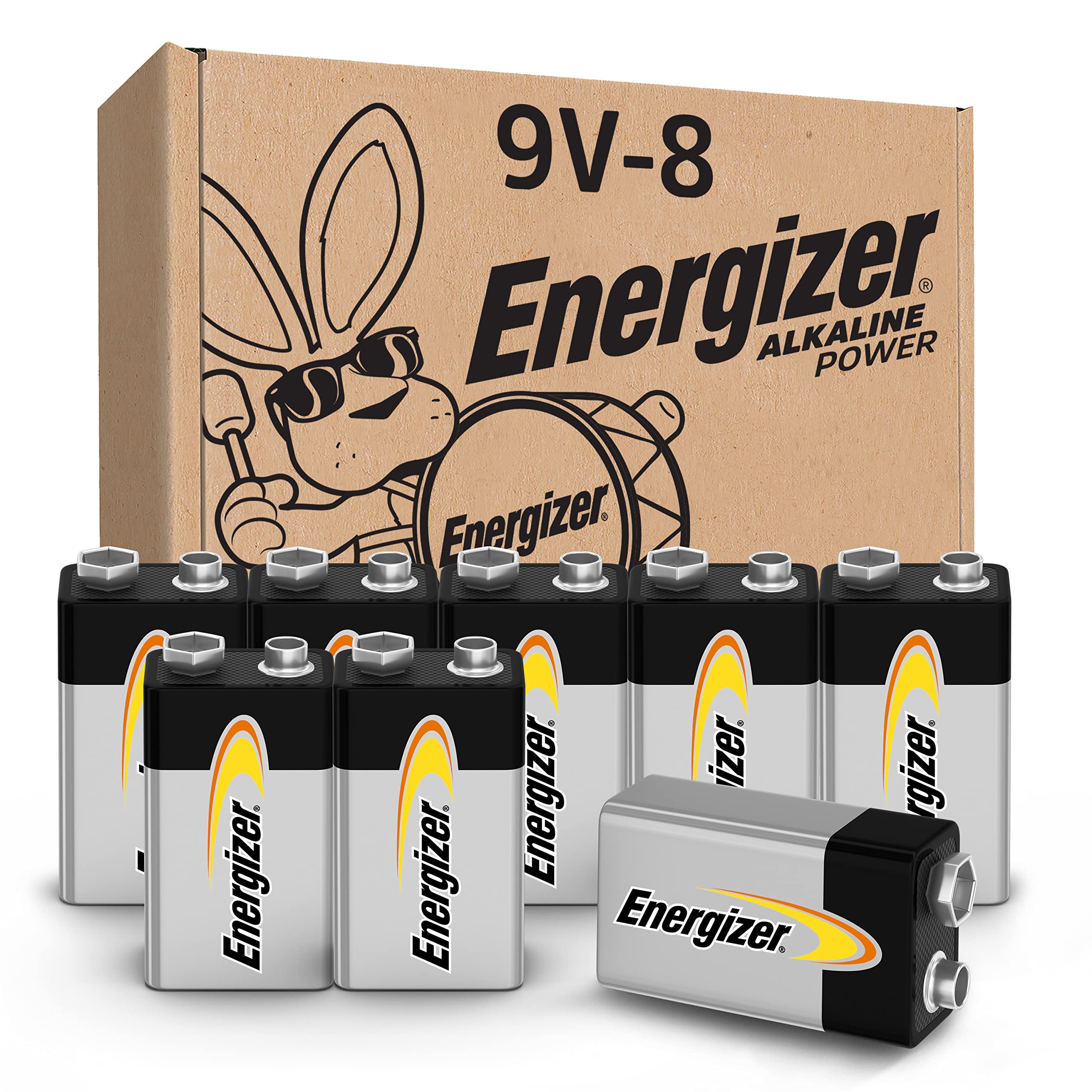 Energizer Alkaline Power 9 Volt Batteries (8 Pack), Long Lasting Alkaline 9V Batteries
