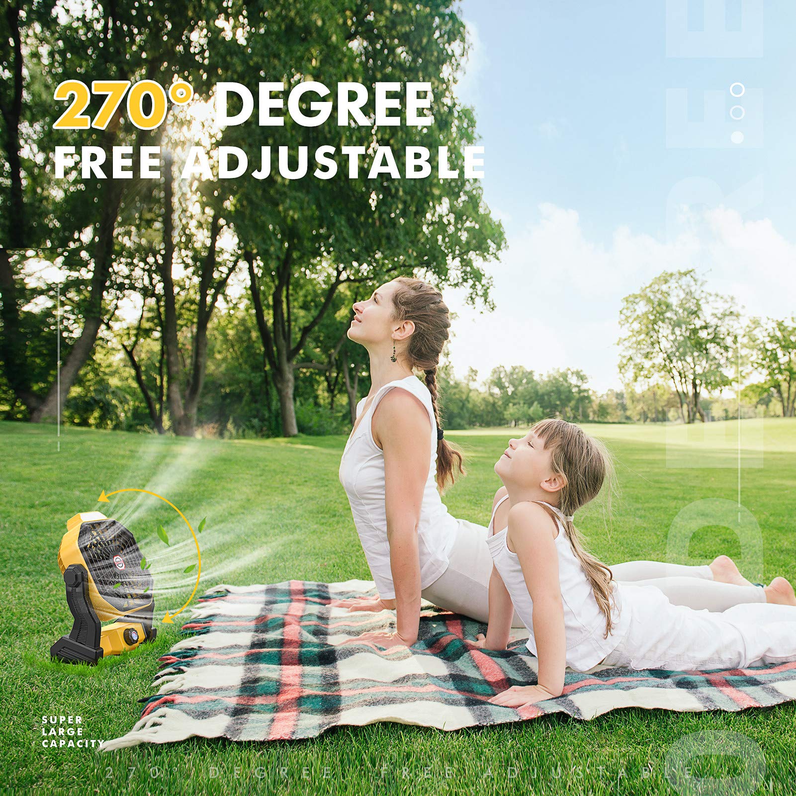 Camping Fan With Led Lantern, 10400 Mah 9 Inch Rechargeable Battery Powered Fan With 270 Head Rotation, Stepless Speed And Quiet