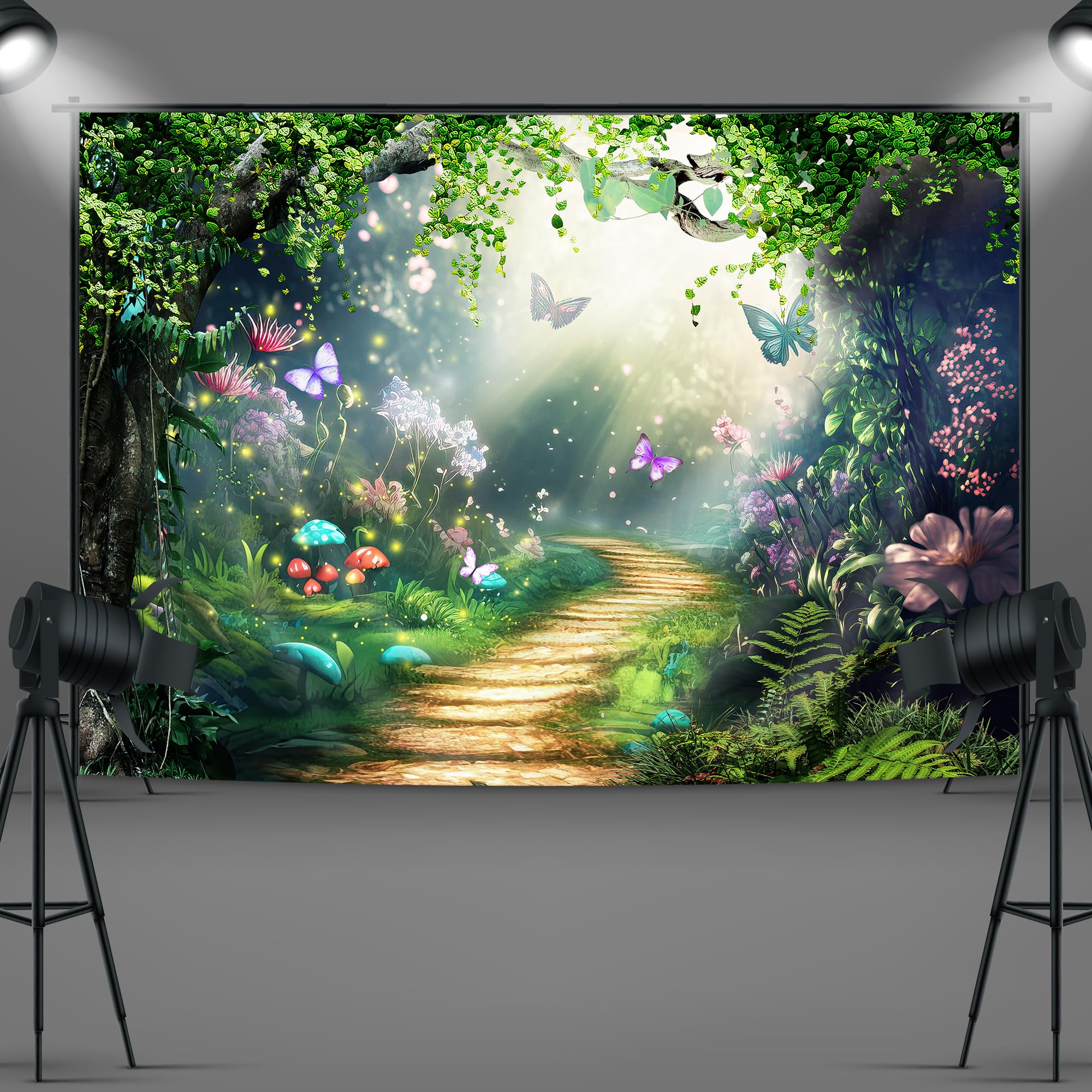 Imirell Fairy Tale Backdrop 7Wx5H Feet Enchanted Woodland Green Spring Butterfly Flower Yellow Brick Road Polyester Fabric Princ