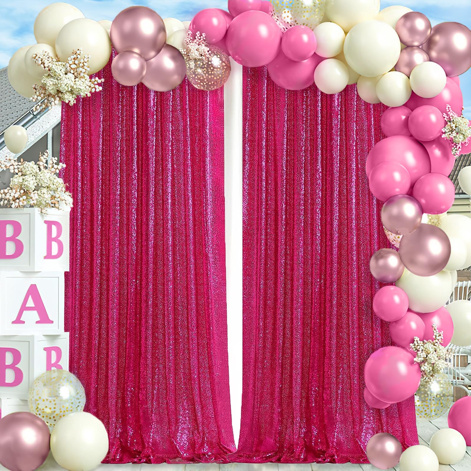 Fuchsia Sequin Backdrop Drapes 4 Panels 2Ftx8Ft Glitter Backdrop Curtains For Wedding Party Stage Decorations