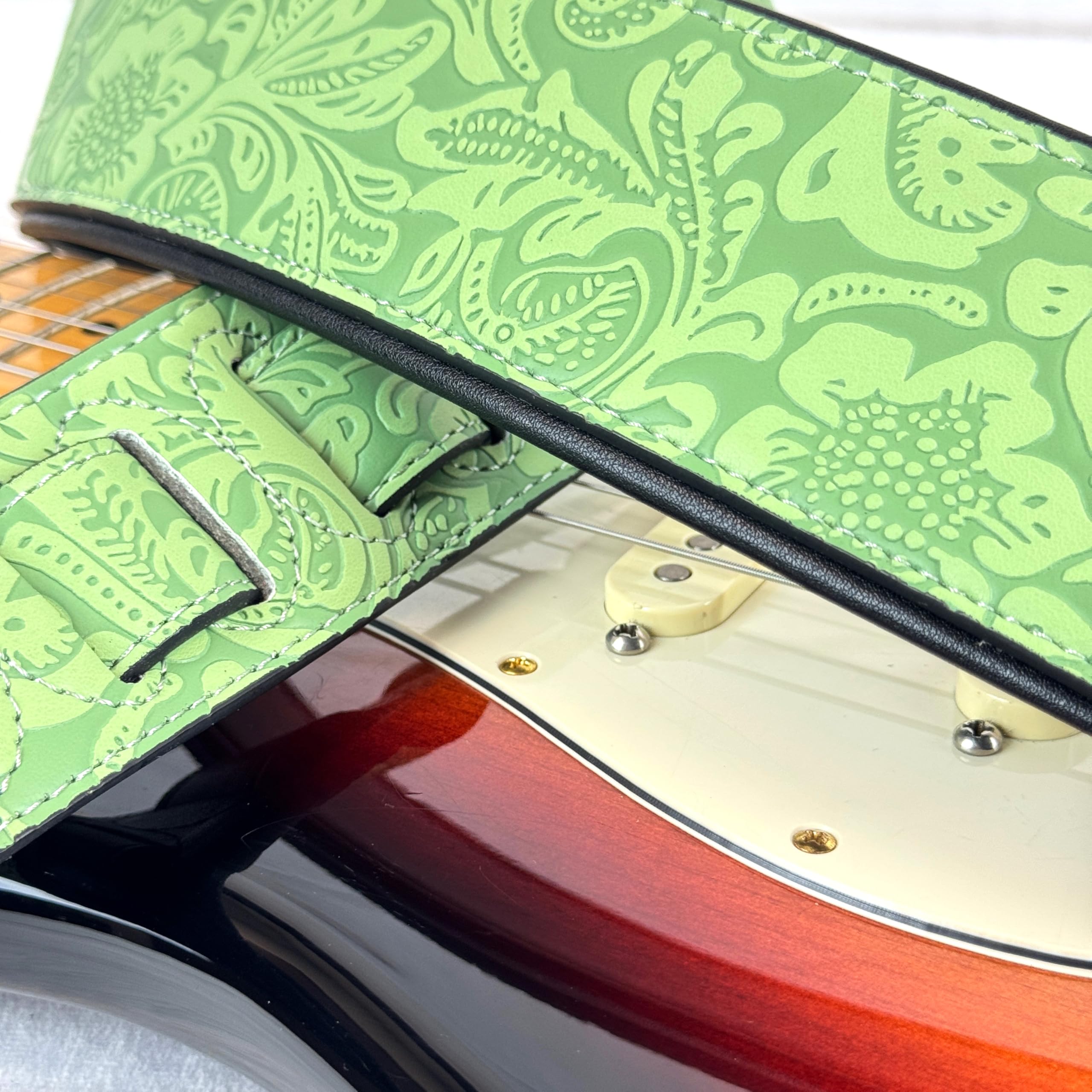 Walker And Williams G 977 Sea Foam Green Embossed Guitar Strap With Western Sheridan Design And Padded Glove Leather Back For Ac