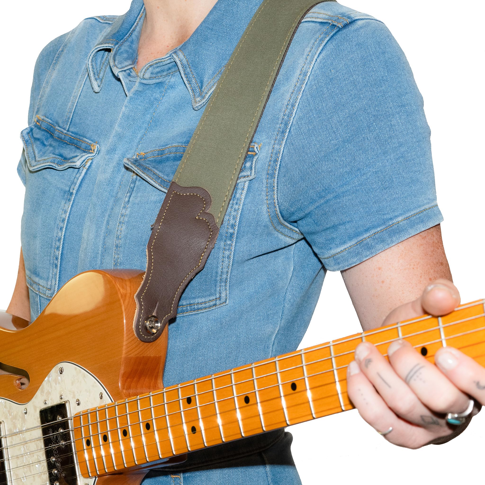 Franklin Strap - 2 Distressed Canvas - Guitar Strap - Olive With Chocolate End Tab