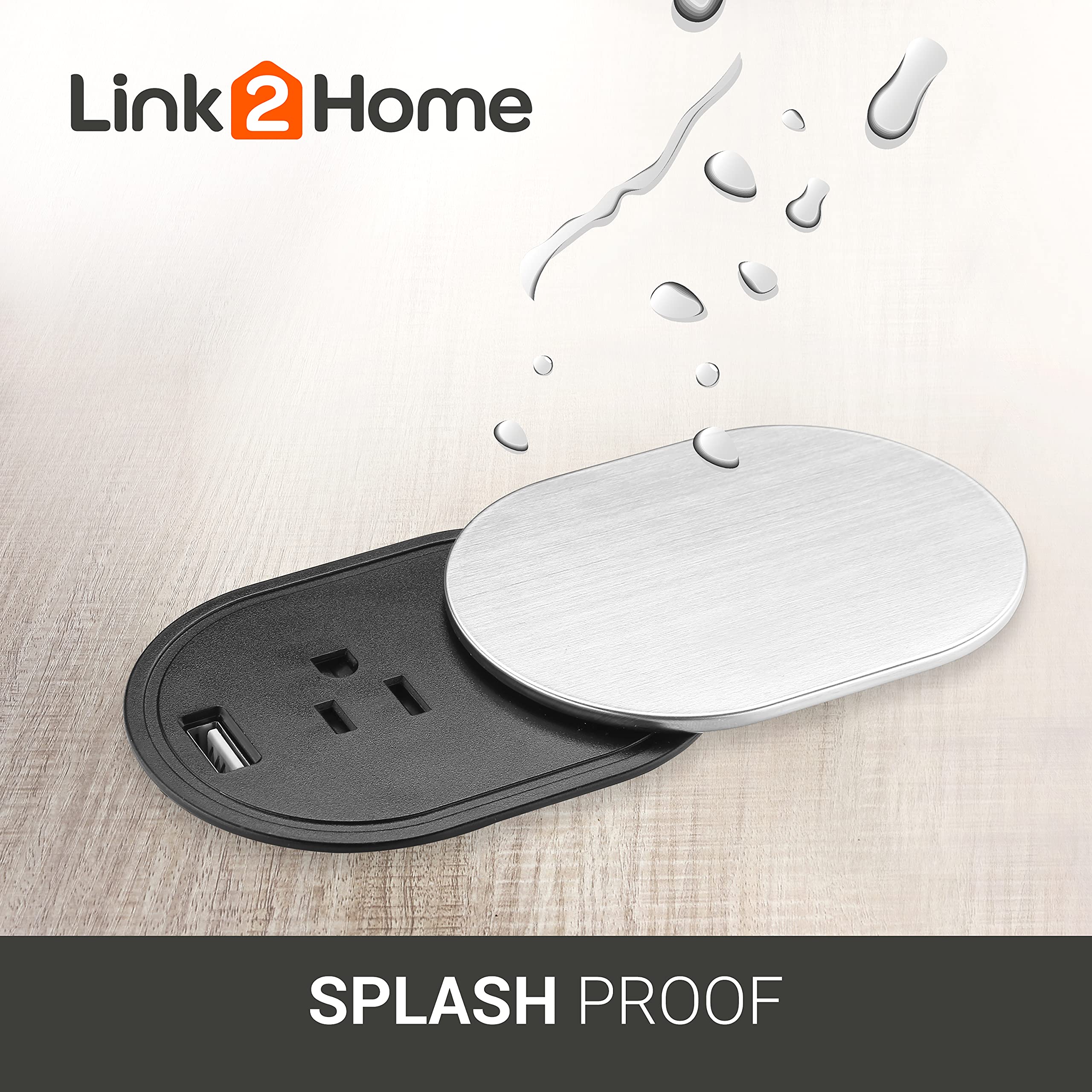 Link2Home Space Saver Grommet Socket With Usb, 1 Power Outlet 15A, 1 Usb Port 2.4A Fast Charge, Splash Resistant, And Stainless