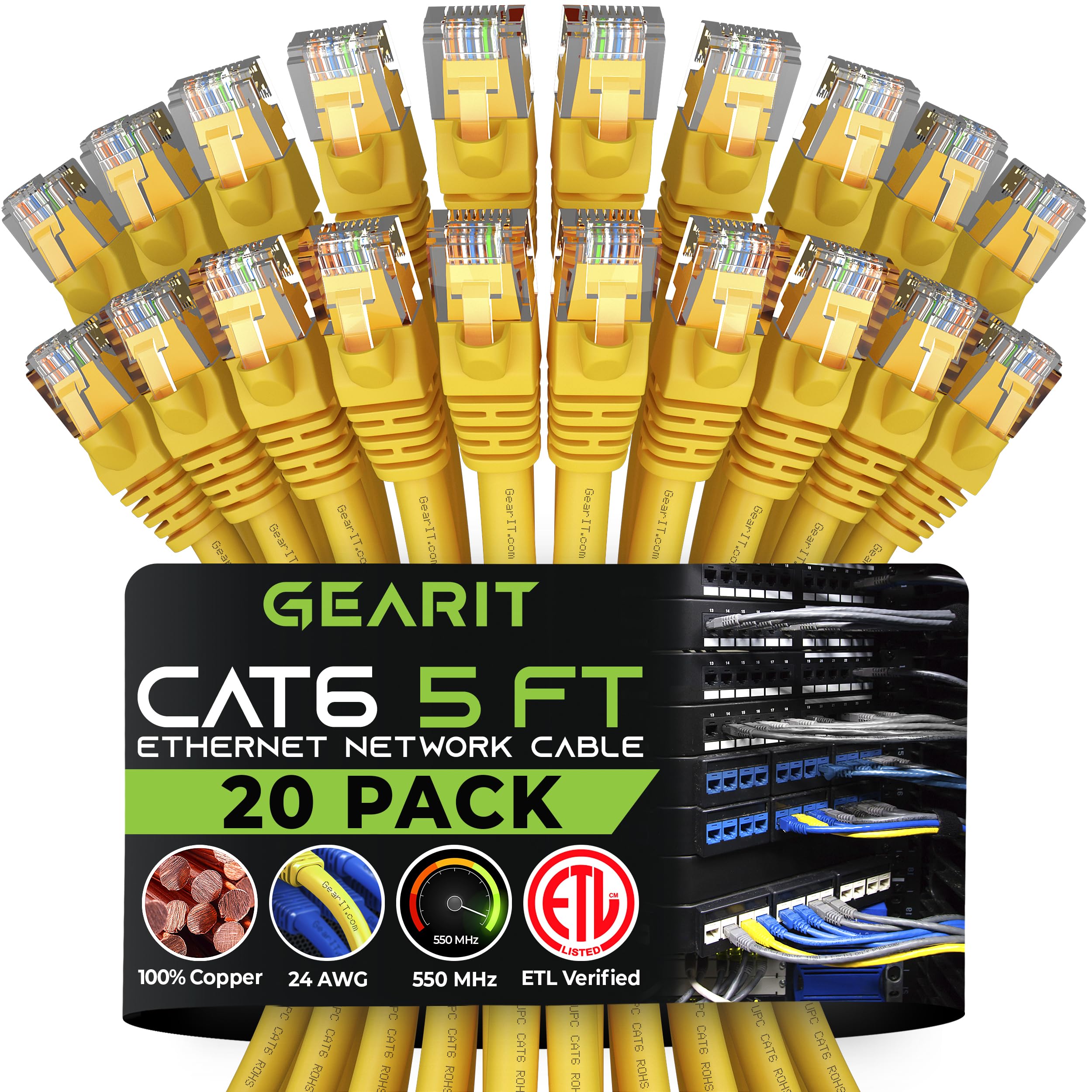 GEARit Cat 6 Ethernet Patch Cable 5 ft Yellow (20 Pack) Cat6 Patch Cables 5ft Yellow/Ethernet Patch Cable, 10Gbps 550MHz 24AWG P