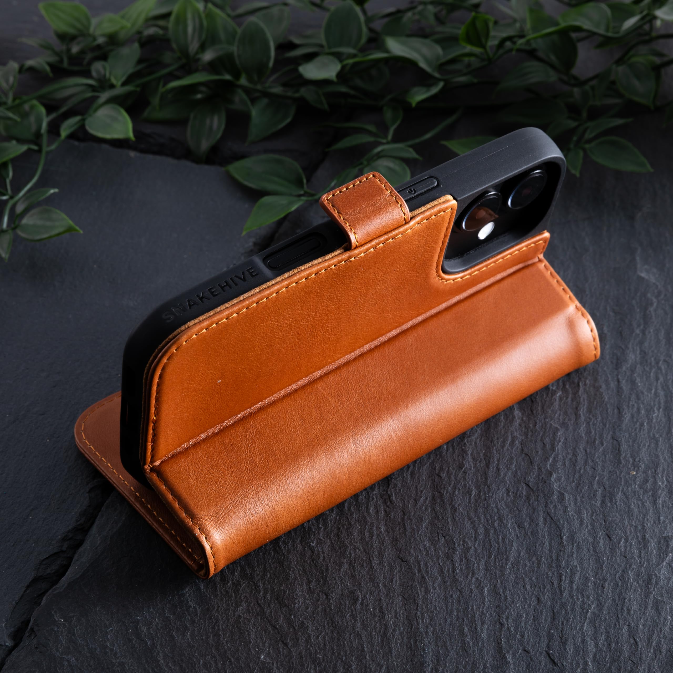 Snakehive Leather Wallet For Iphone 16 - Real Leather Wallet Phone Case - Genuine Leather With Viewing Stand And 4 Card Holder -