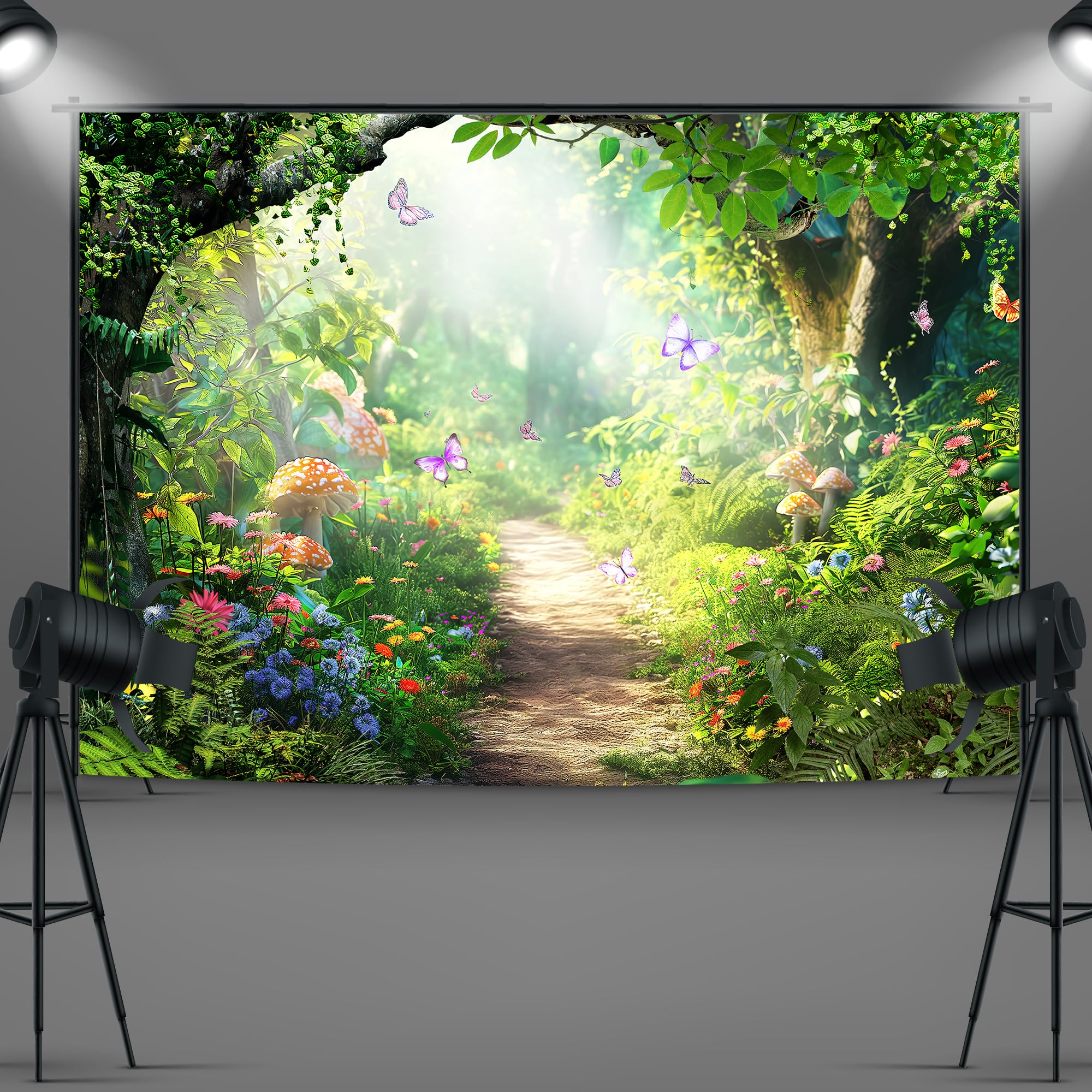 Imirell Fairy Backdrop 7Wx5H Feet Enchanted Woodland Tale Green Spring Butterfly Flower Mushroom Tree Plant Leaves Polyester Fab