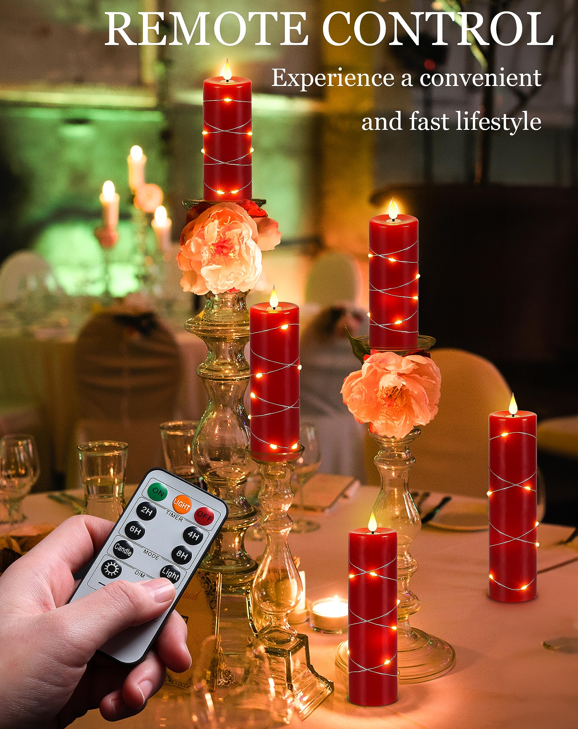 Red Flameless Candle With Remote Control Led Candle With String Lights Battery Powered Flameless Candle4'' 5'' 6'' 7'' 8'' Candl