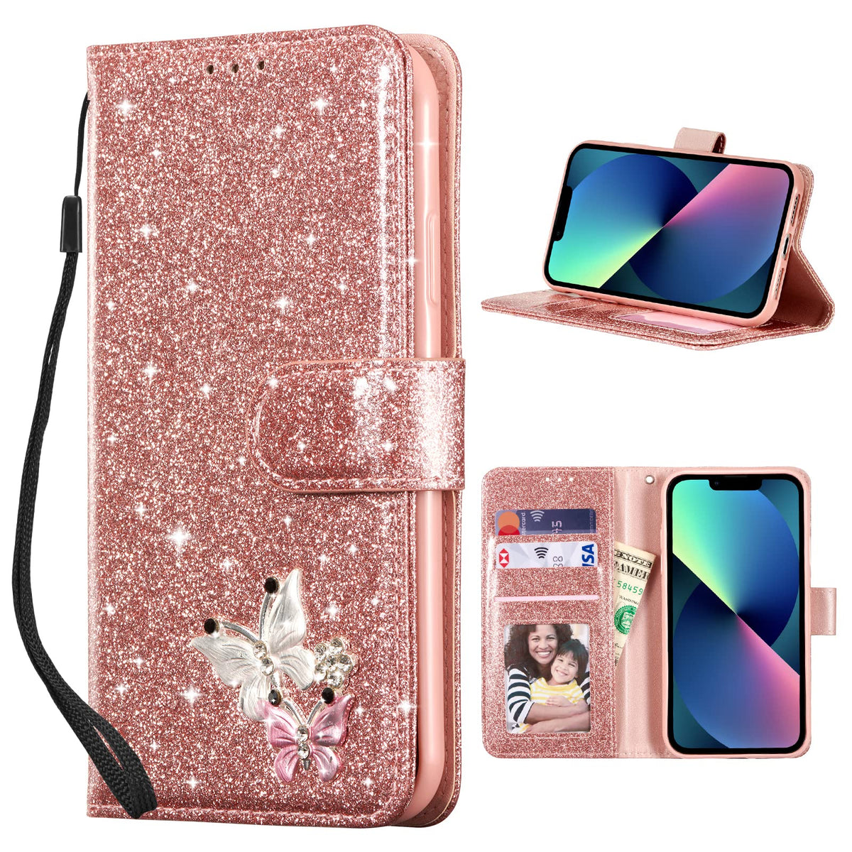 Ueebai Wallet Case For Iphone 13 6.1 Inch, Premium Glitter Pu Leather Phone Case Card Slots Kickstand Case Magnetic Closure Blin