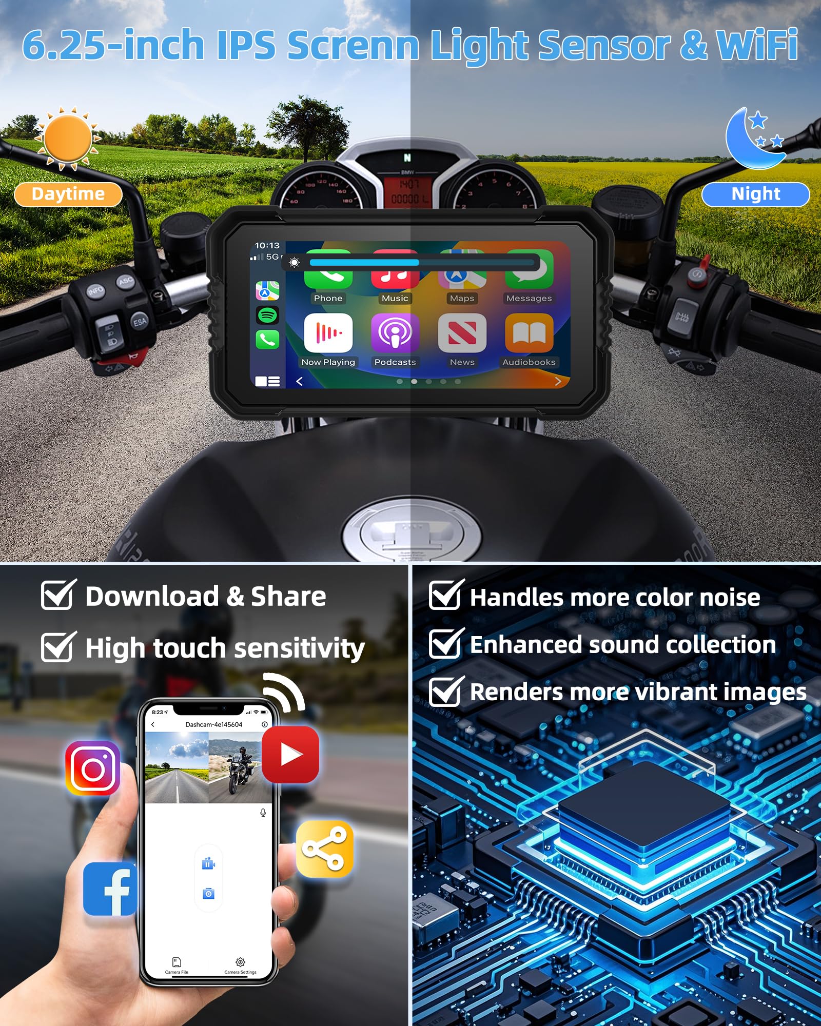 Jelkuz 4K Motorcycle Carplay 6.25 Inch Carplay Motorcycle Screen/Android Auto For Moto Dash Cam With Dual Cameras Gps Navigation
