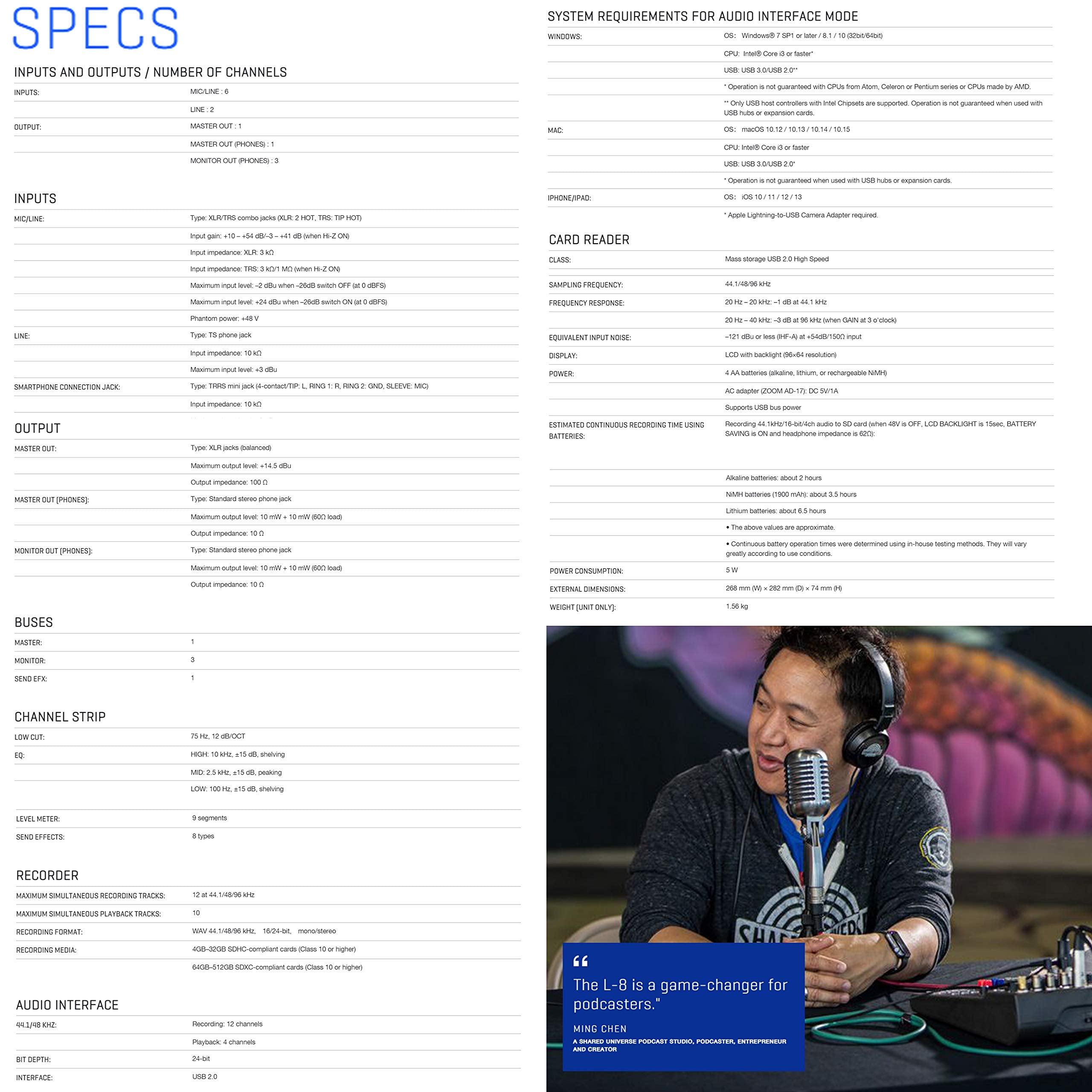 Zoom Livetrak L 8 Portable 8 Channel Digital Mixer And Multitrack Recorder, 2X Zoom Zdm 1 Mic With Headphones, Windscreens And S