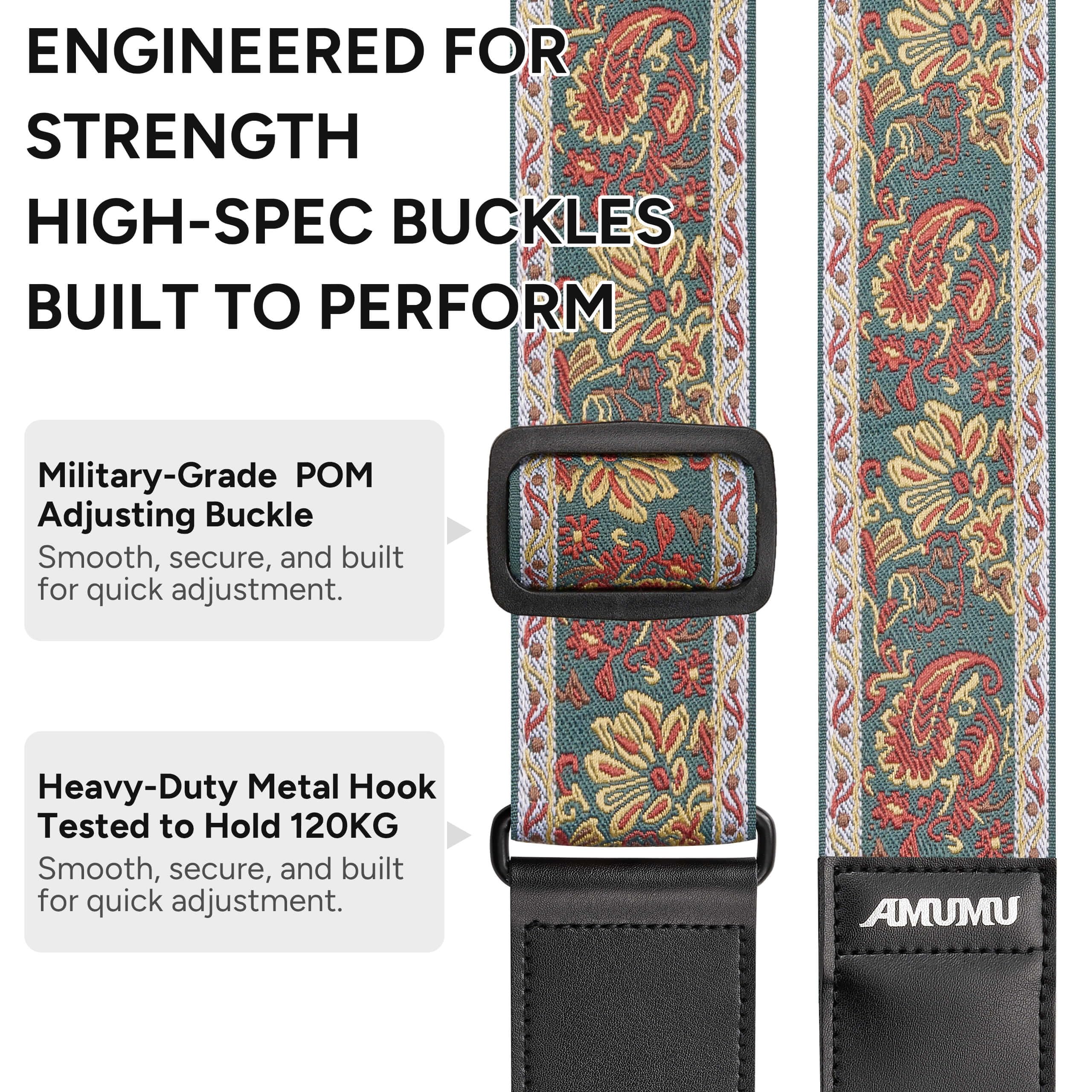 Amumu 2 Vintage Paisley Guitar Strap - Premium Leather Ends - For Acoustic, Electric, Bass Guitars, Adjustable 37 To 63