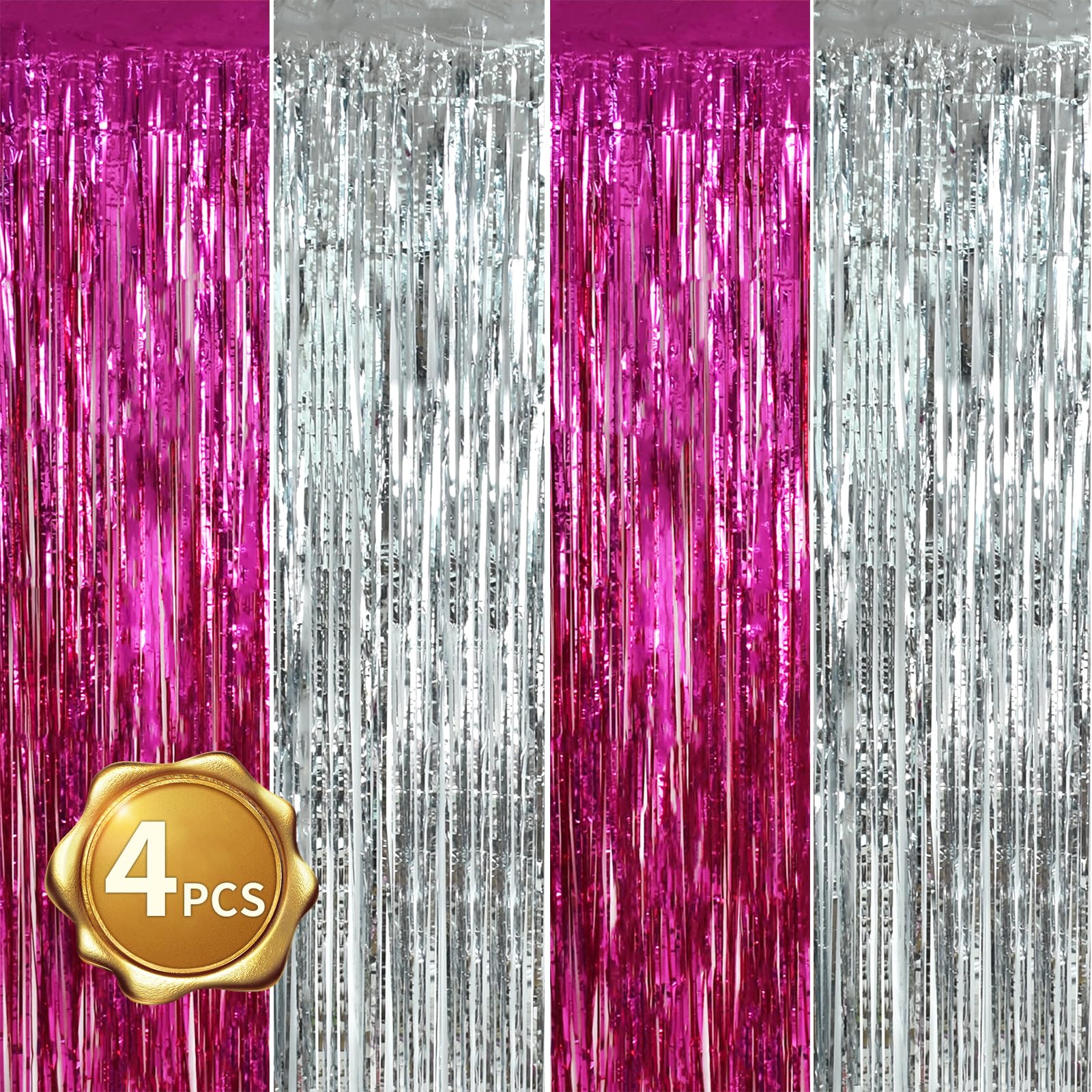 Beishida 4 Pcs Hot Pink Silver Door Streamers Curtain Party Streamers Backdrop Pink Party Hot Pink Wall Background For Party Dec