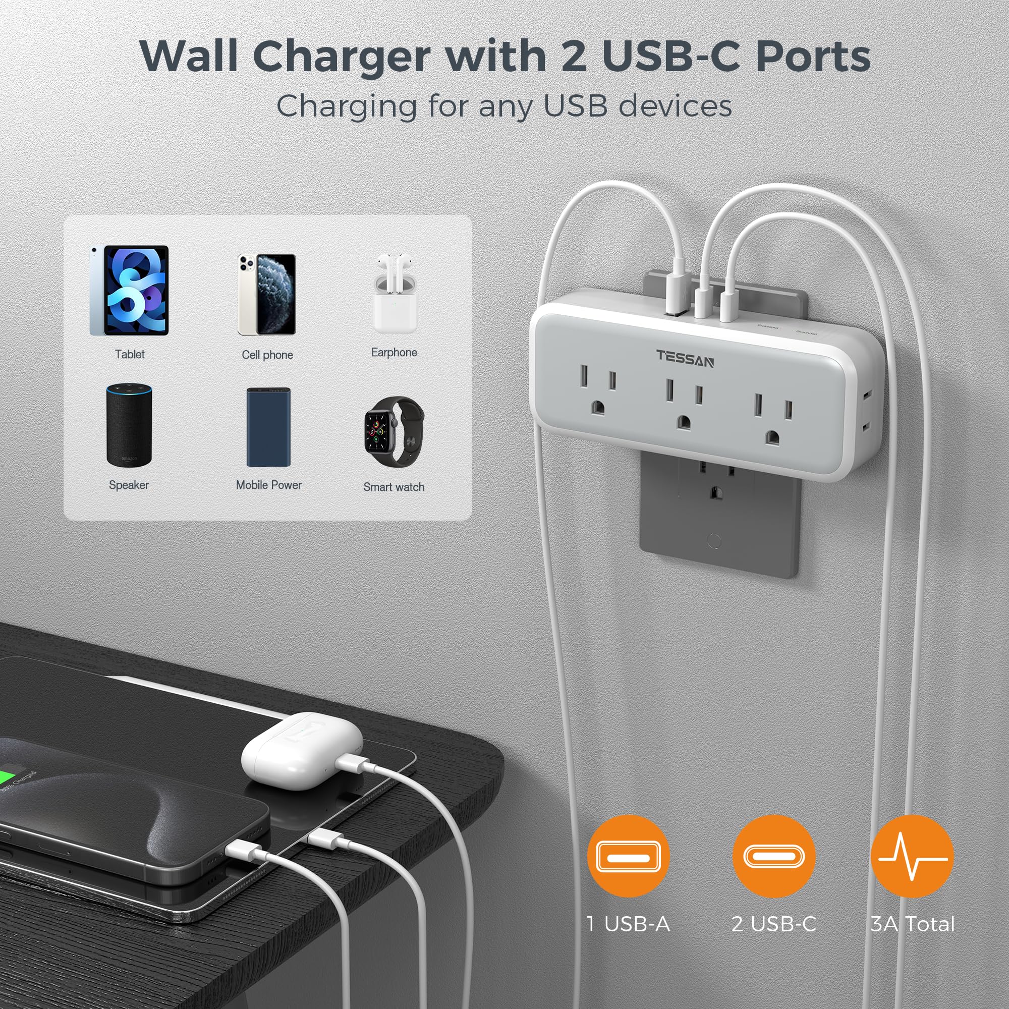 Multi Plug Outlet Extender, Usb Wall Charger, Tessan Multiple Outlet Splitter With 5 Outlets And 3 Usb (2 Usb C), Electrical Pow