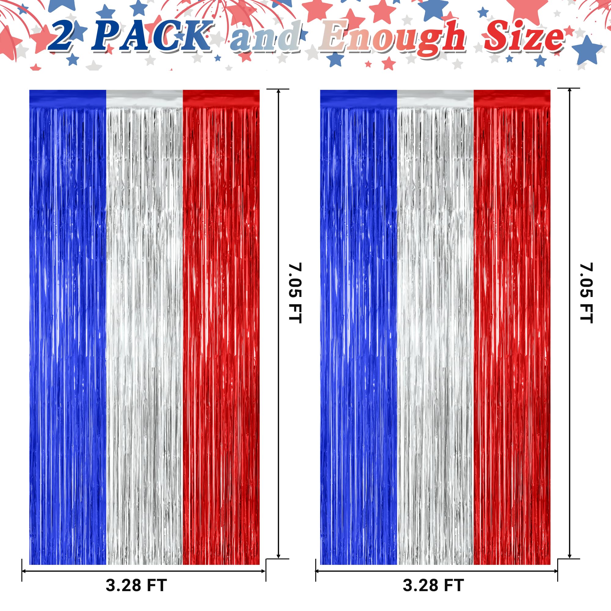 2 Pack 4Th Of July Party Supplies, 3.28 Ft X 7.05 Ft 4Th Of July Tinsel Backdrop, Blue Silver Red Color Fringe Curtains Streamer