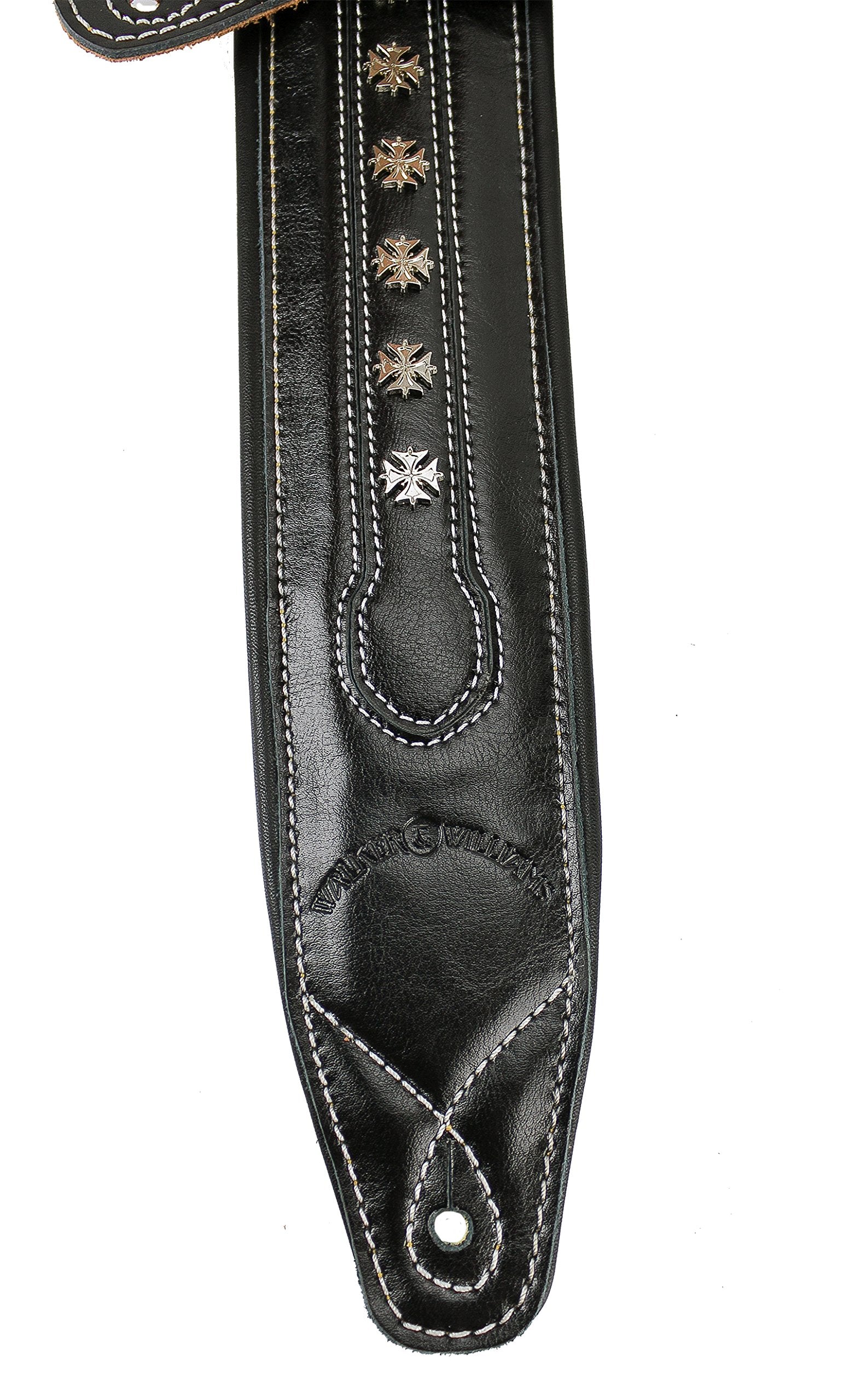 Walker & Williams C 35 Blk Smooth Texture Premium Black Full Grain Leather Soft Padded Guitar Strap With Metal Crosses For Acous