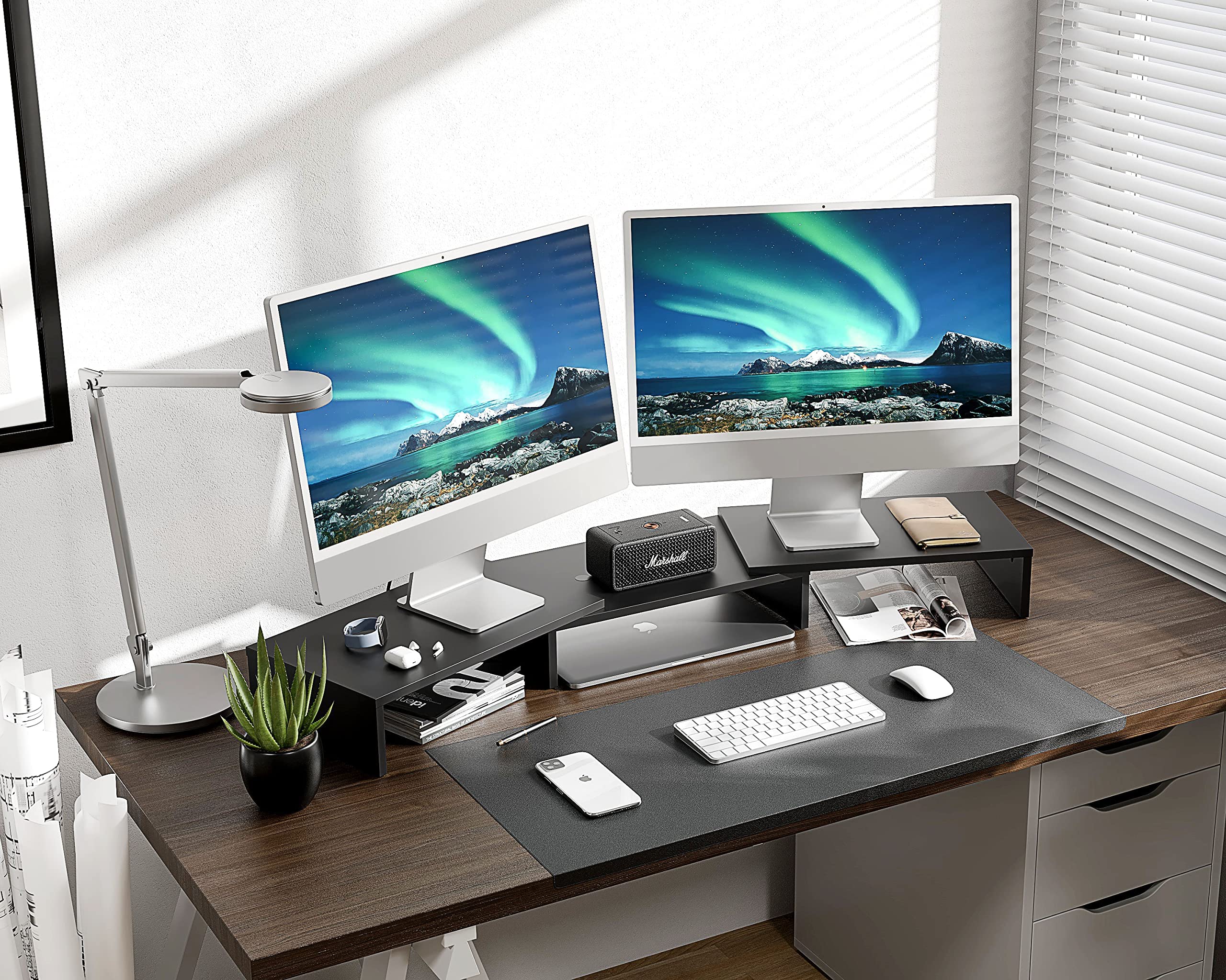 FITUEYES Dual Monitor Stand � 3 Shelf Computer Monitor Riser, Wood Desktop Stand with Adjustable Length and Angle, Desk Accessories, Office Supplies Medium Black, DT108008WW