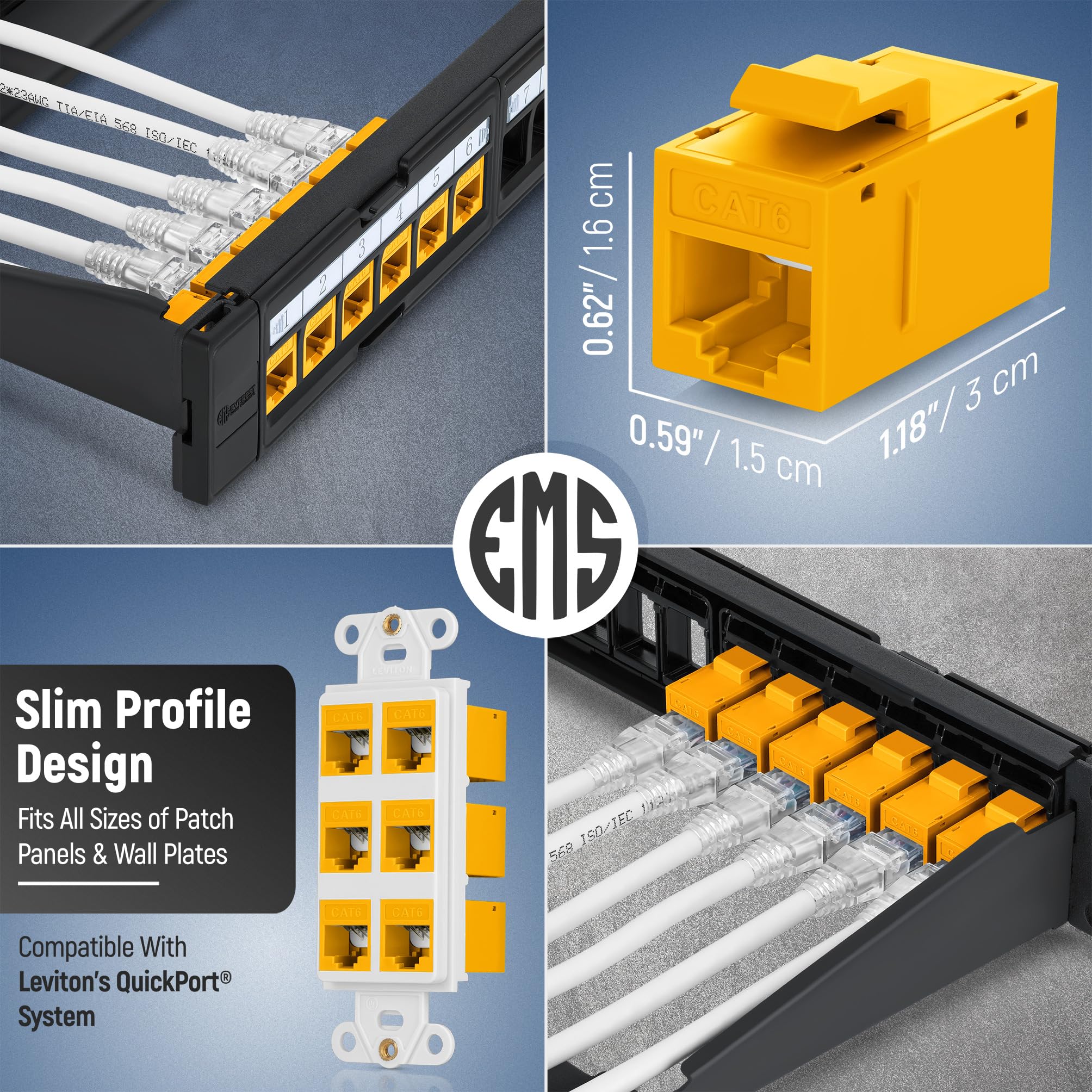 Everest Media Solutions Rj45 Cat6 Keystone Coupler In Yellow   6 Pack   Female To Female Ethernet Keystone Jack For Standard Wal