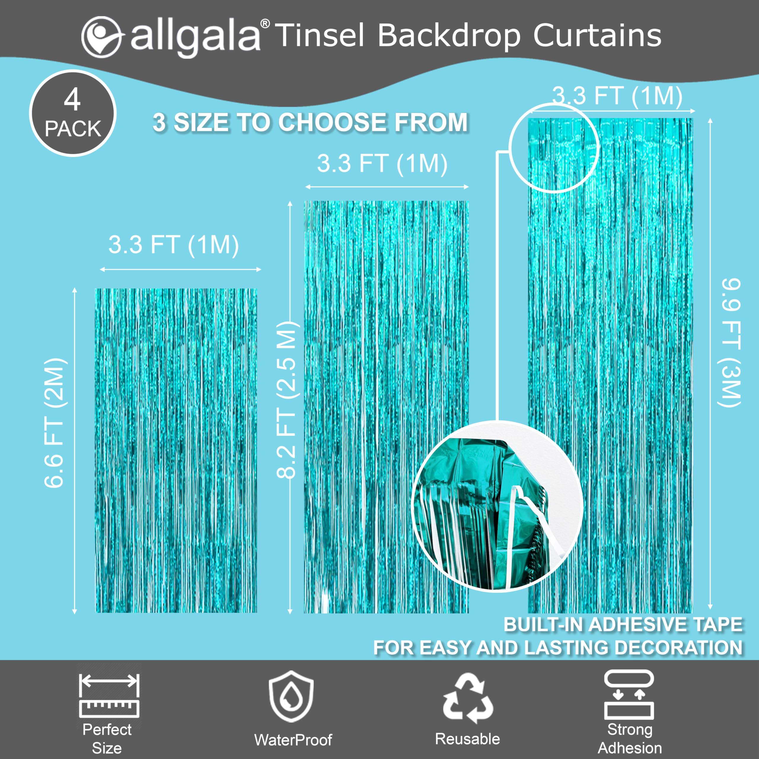 Allgala 4 Pack Turquoise Metalic Tinsel Party Photo Backdrop Curtain 3.3 X 9.8 Ft (1X3M) Photo Booth Background Curtains Door Fr