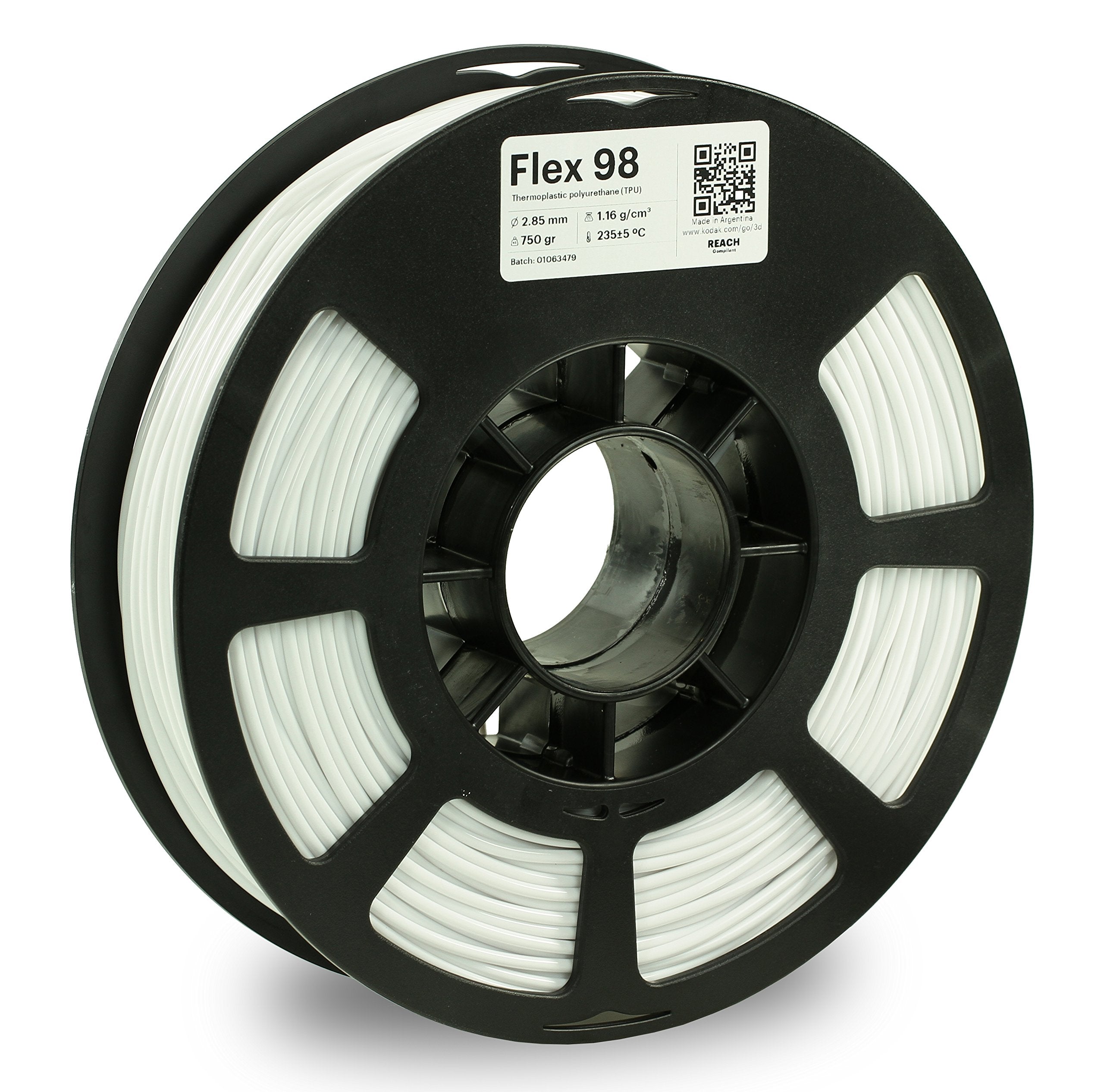 KODAK FLEX 98 Flexible 3D printer filament TPU WHITE +/-0.03 mm, 750g (1.6lbs) Spool, 2.85 mm. Lowest moisture premium 3D printe