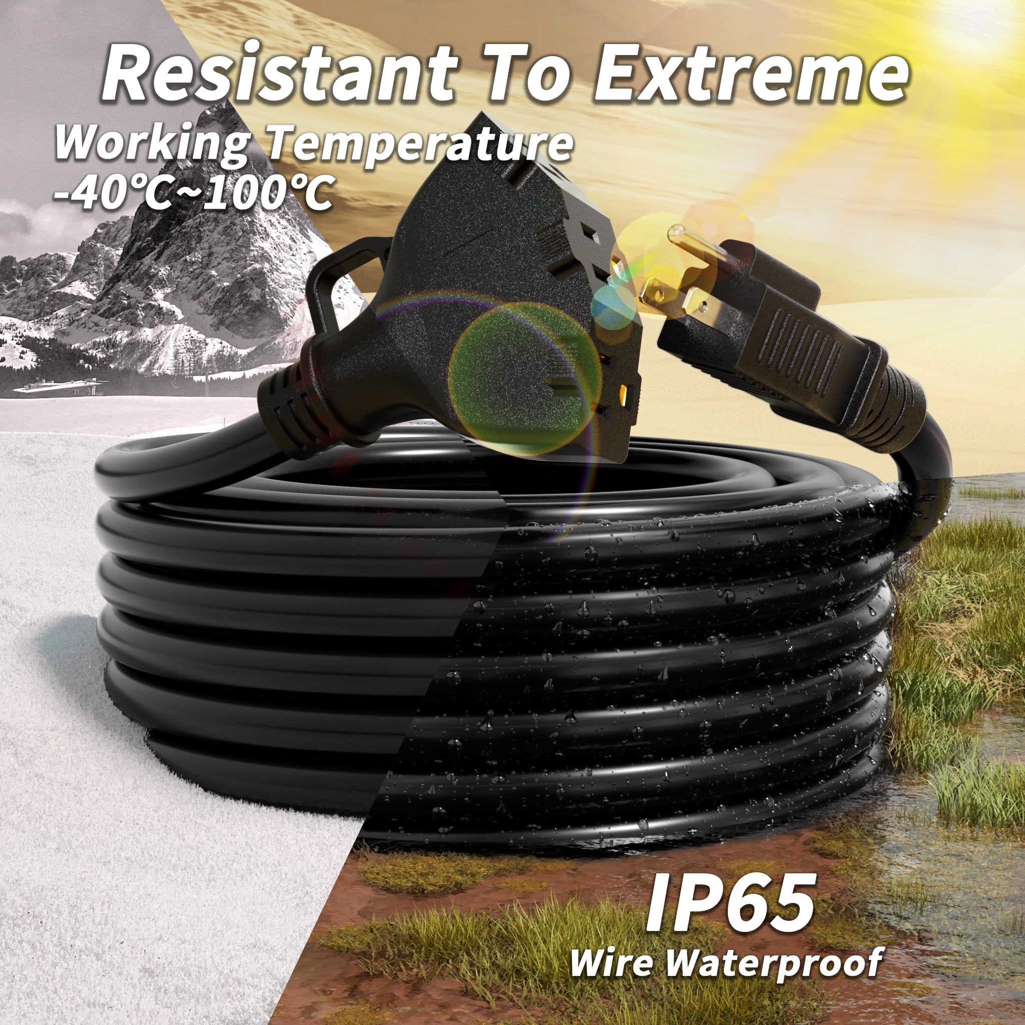 Plugsaf 15 Ft 12/3 Gauge Outdoor Extension Cord With Multiple Outlets, Flexible 3 Outlet Weatherproof Heavy Duty Extension Cord
