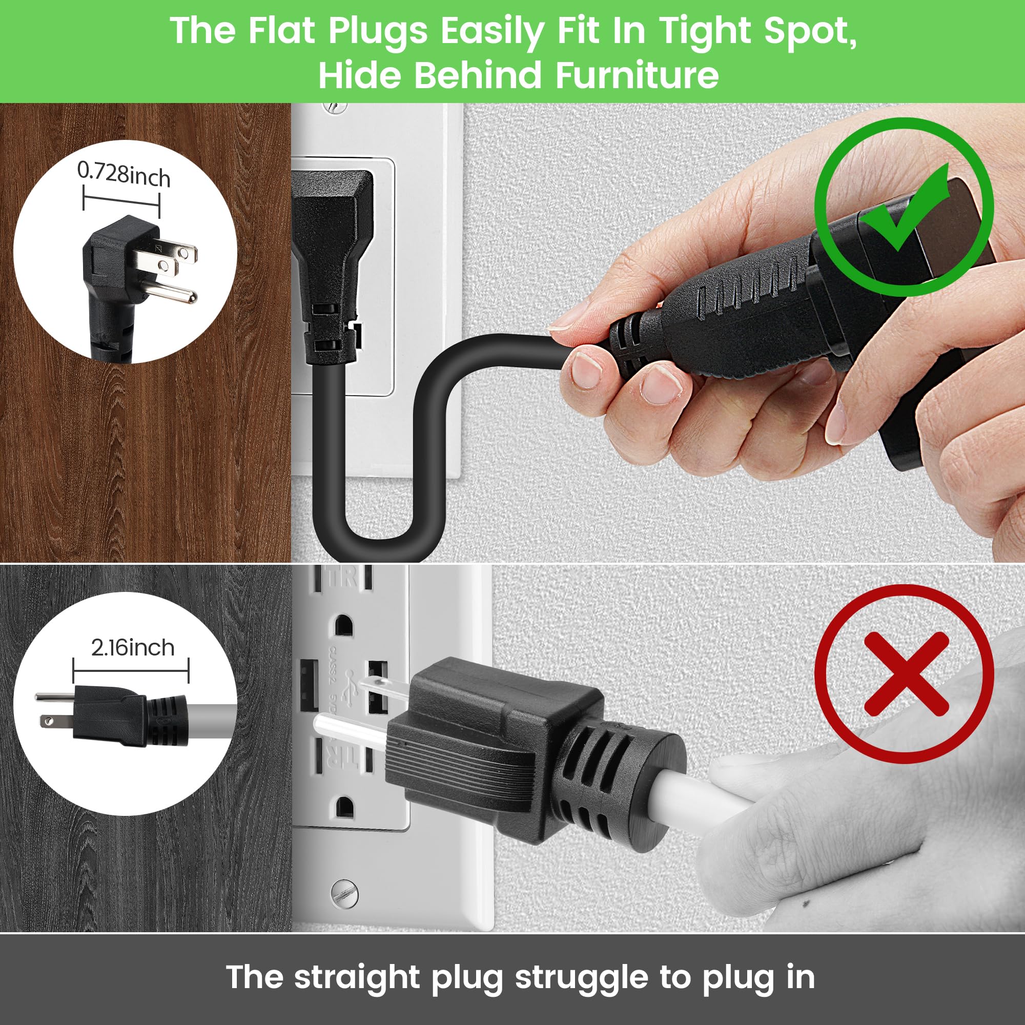 8 Inch Short Power Extension Cord 2 Pack,90 Degree Low Profile Flat Plug 3 Prong Male To Female Heavy Duty Grounded Power Extens