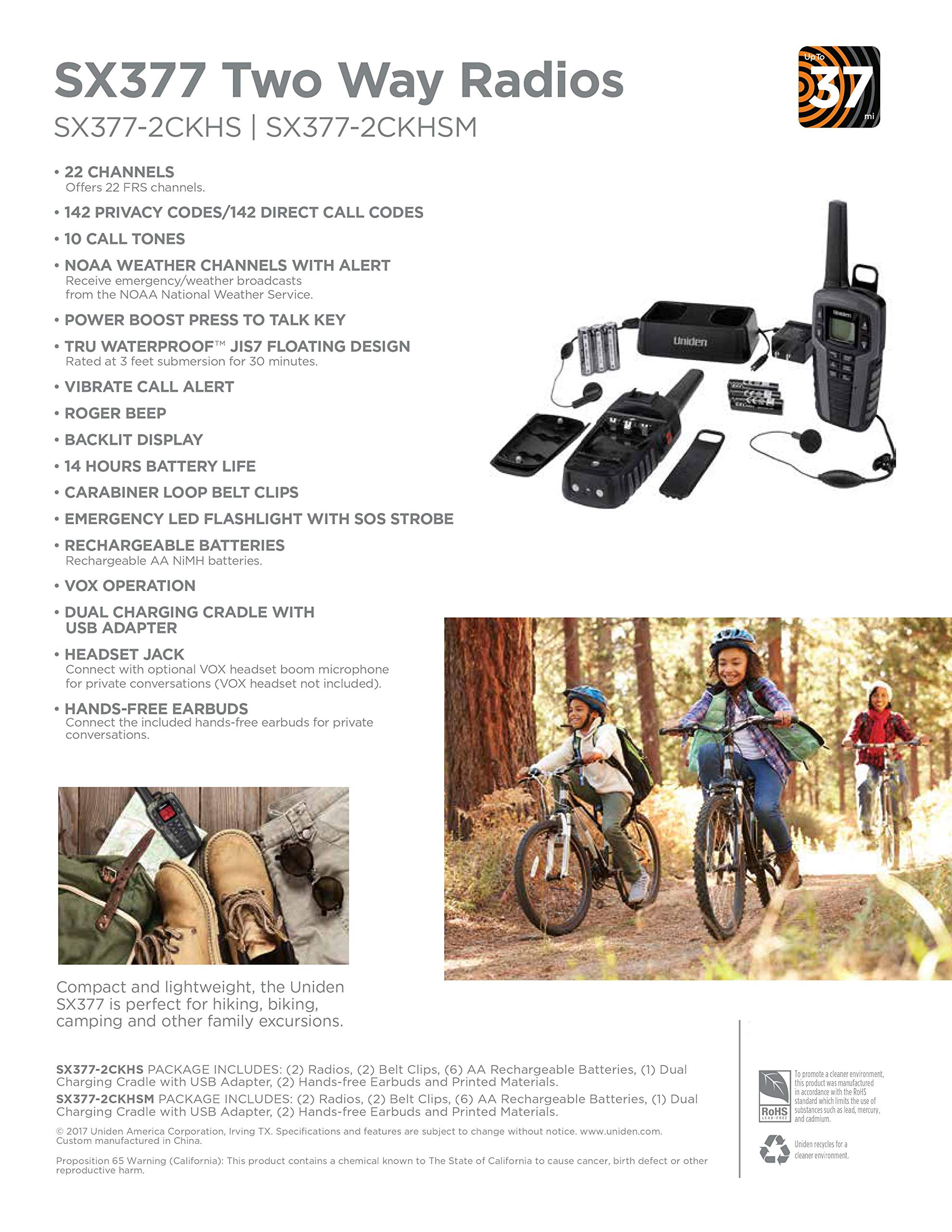 Uniden Sx377-2Ckhs Up To 37 Mile Range Frs Two-Way Radio Walkie Talkies W/ Dual Charging Cradle, Waterproof, Floats, 22 Channels