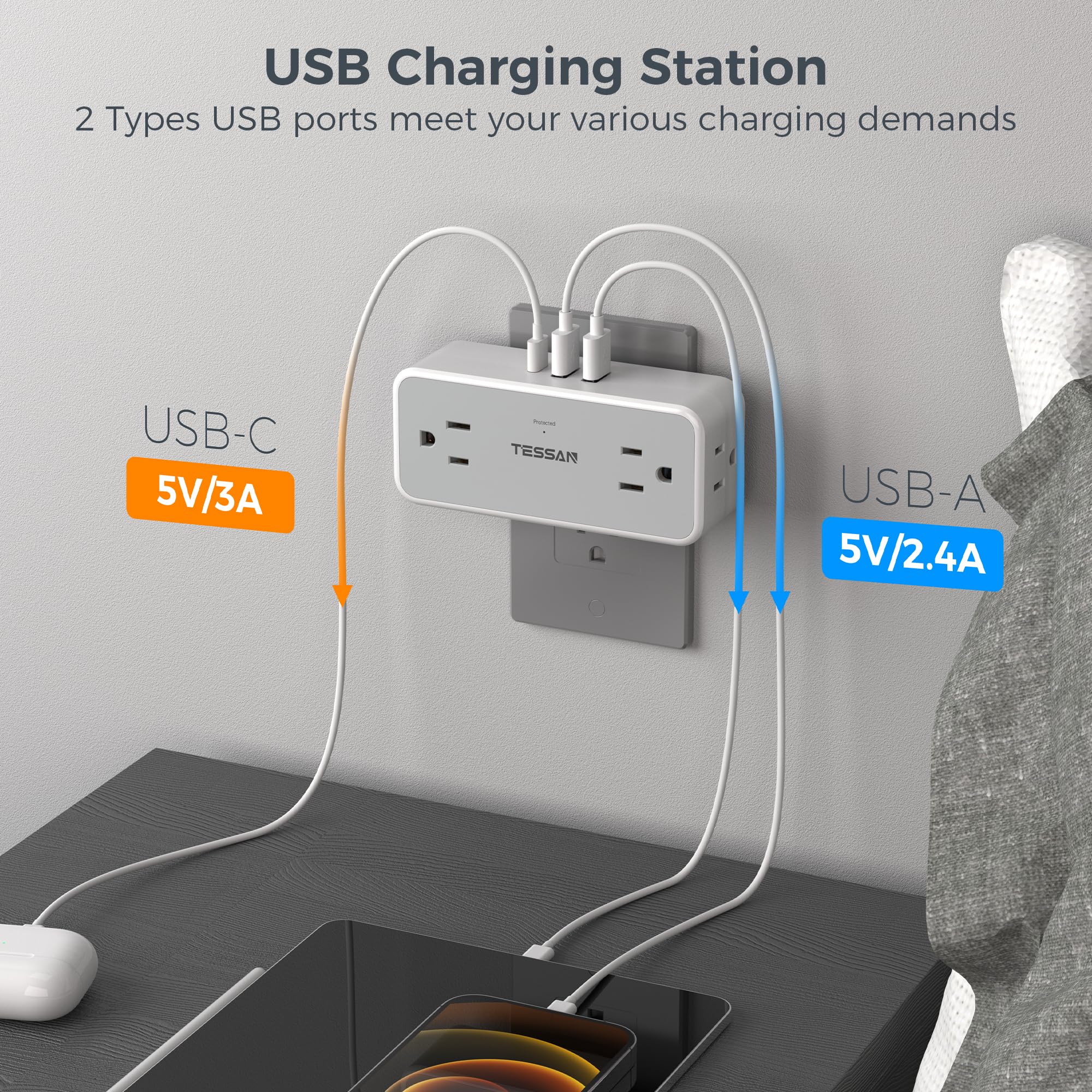 Multi Plug Outlet Splitter, Tessan 4 Wall Outlet Extender With 3 Usb Wall Charger(1 Usb C), Surge Protecter 900J, Widely Spaced