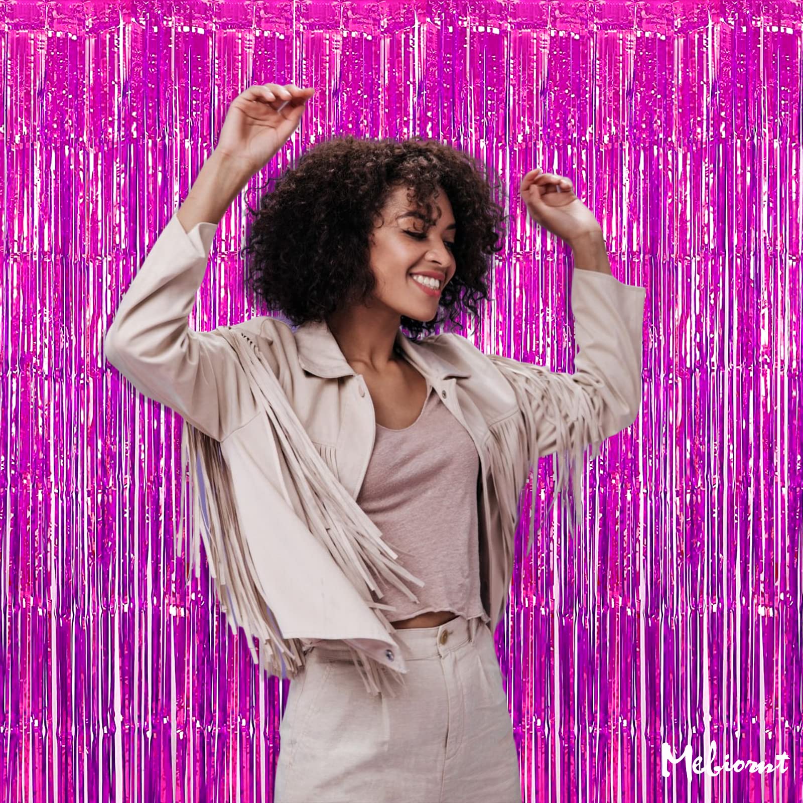 4 Pack Fuchsia Fringe Curtain Backdrop, 3.2Ft X 8.2Ft Metallic Tinsel Foil Fringe Streamers Curtains Background For Photo Booth