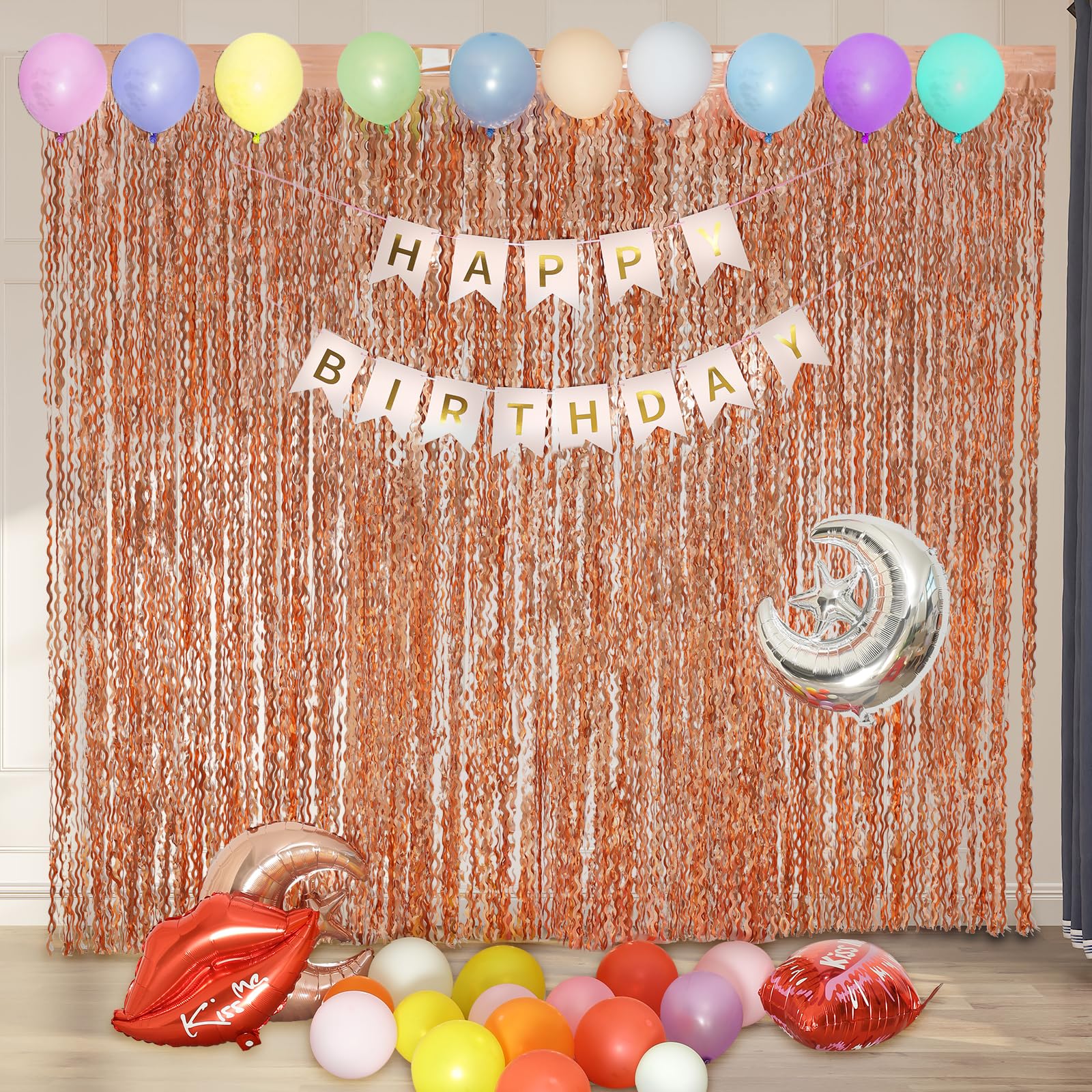 4 Pack Rose Gold Backdrop Birthday Decorations   3.3X6.6Ft Wavy Tinsel Foil Backdrop Party Streamer Party Supplies Background |