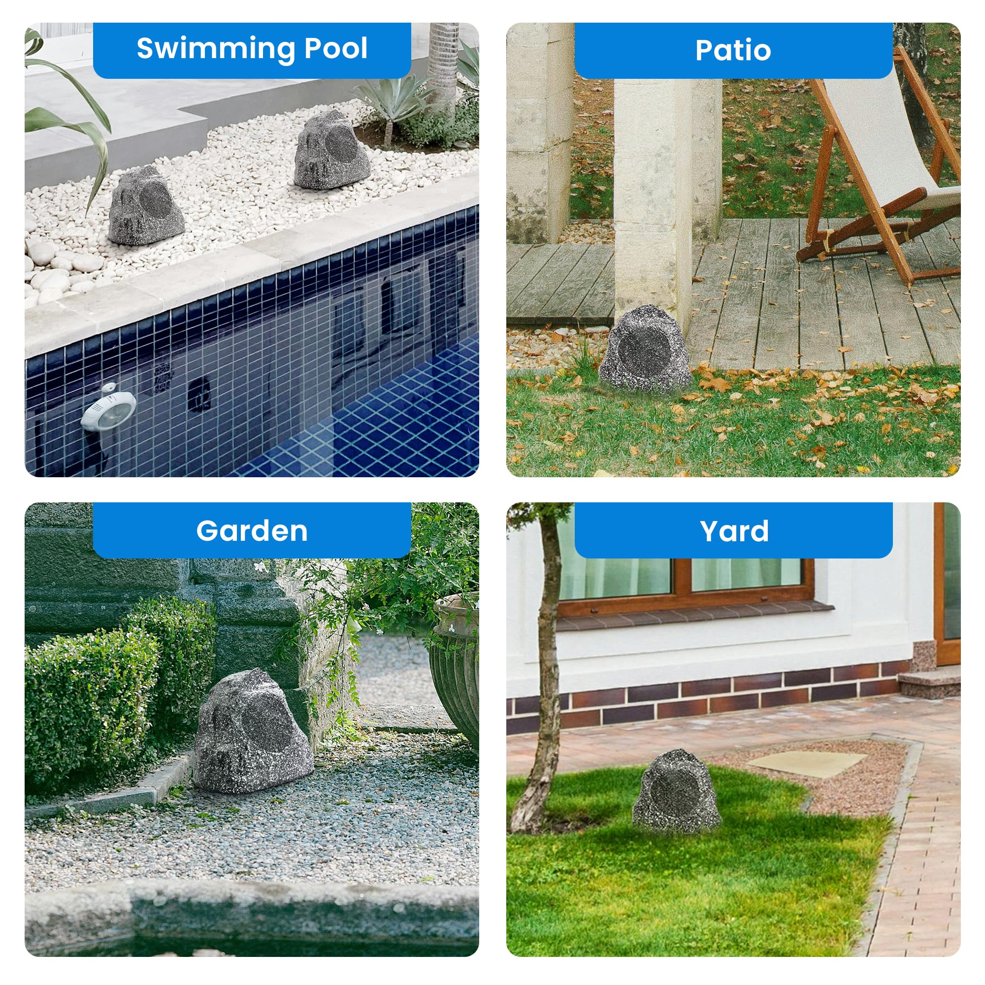 Theater Solutions 2R4G Outdoor Granite Rock 2 Speaker Set For Deck Pool Spa Patio Garden, 4.5-Inch, Granite Grey